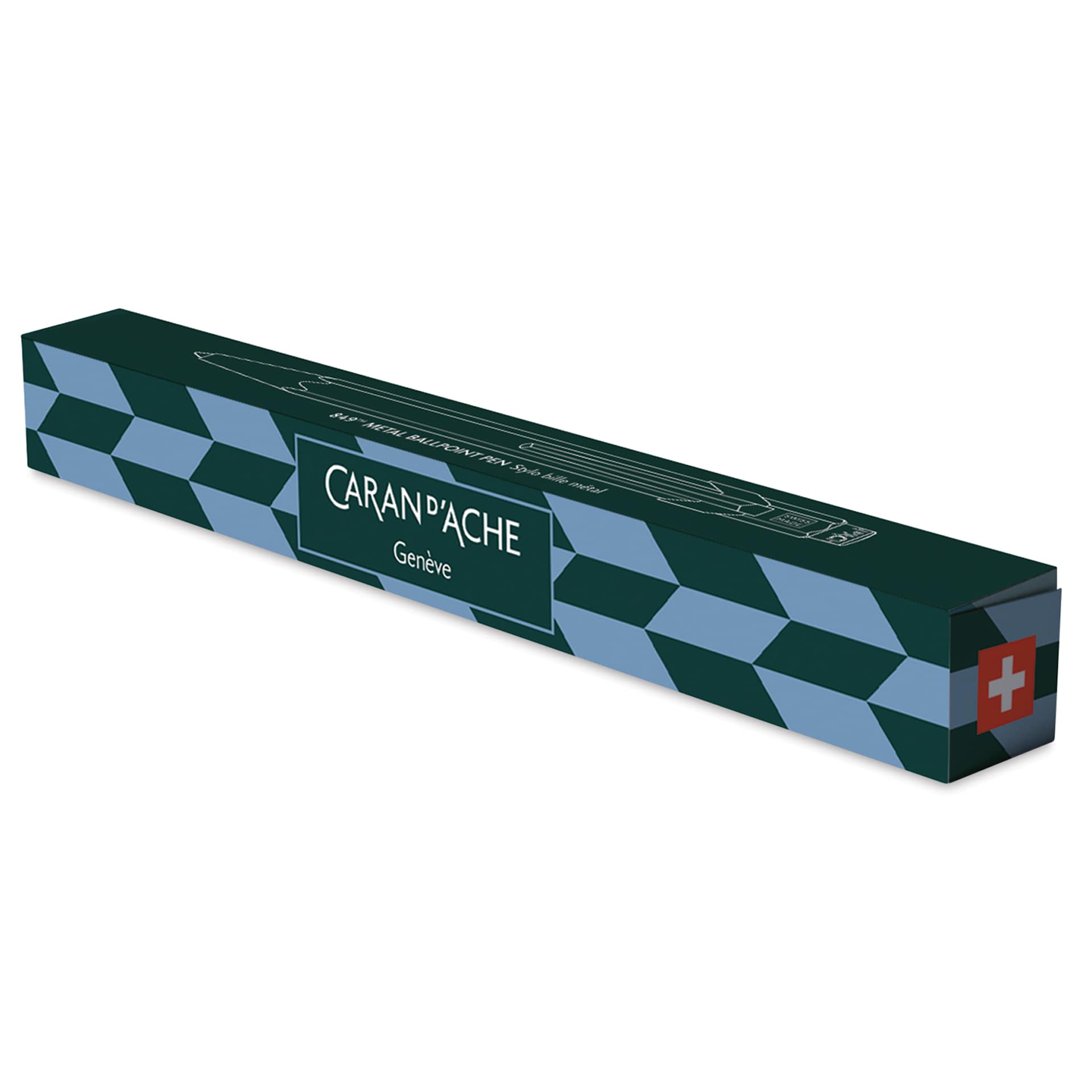Caran d'Ache Special Edition Mosaic 849 Ballpoint Pen - Spruce Green, angled view of packaging