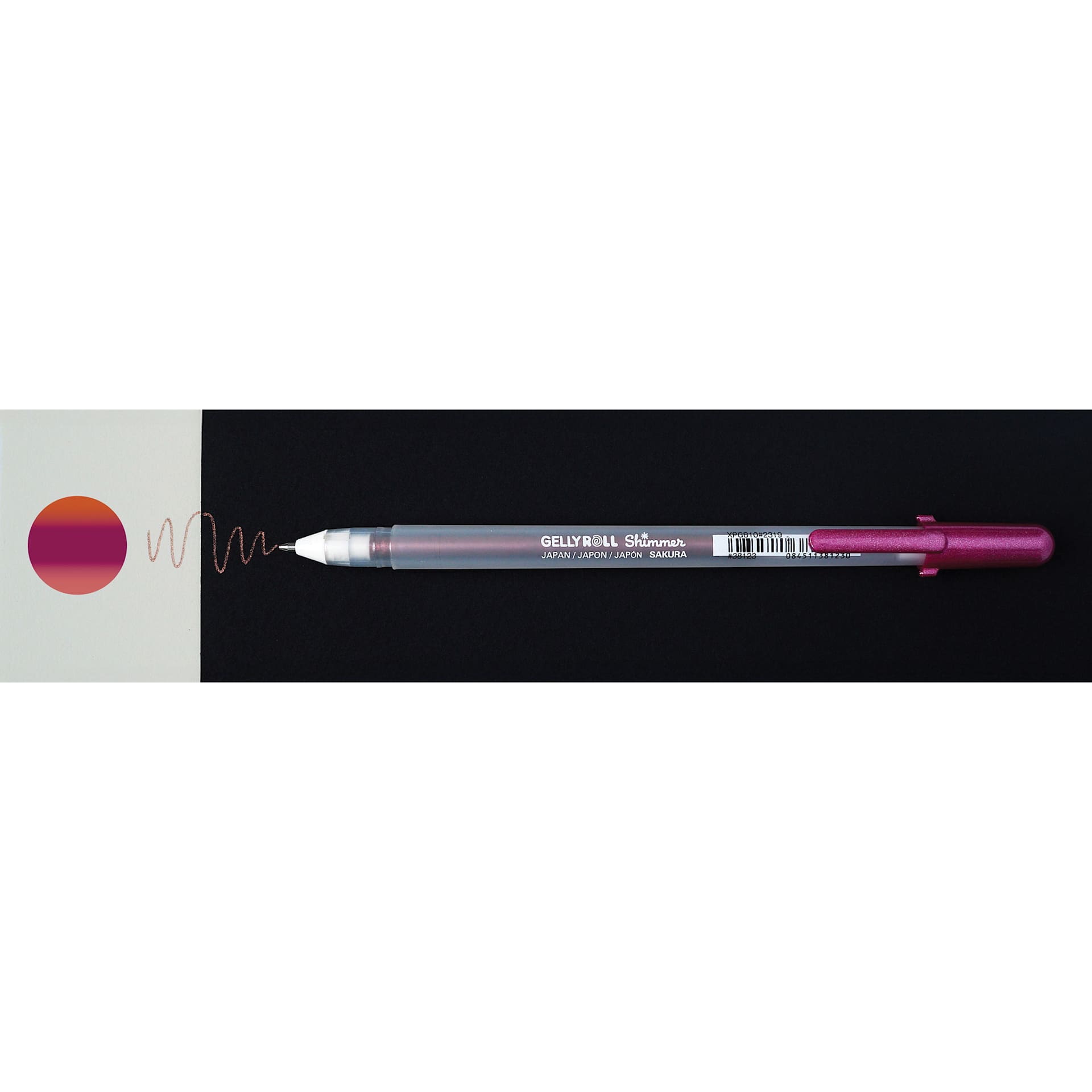 Sakura Gelly Roll Shimmer Pen - Red Violet pen with swatch on white and black background