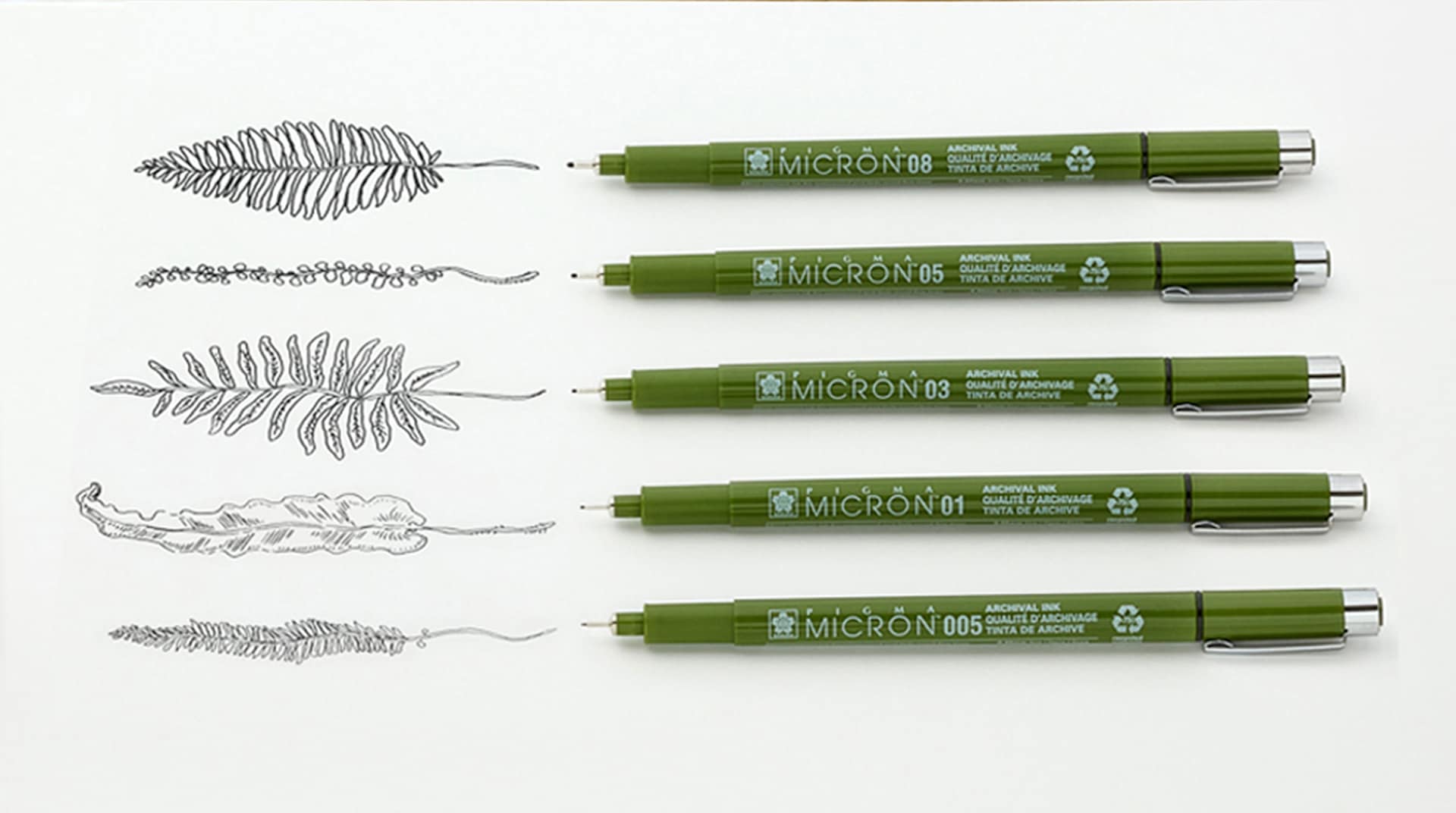 Sakura Pigma Micron Eco Pens with foliage sketch swatches on paper.