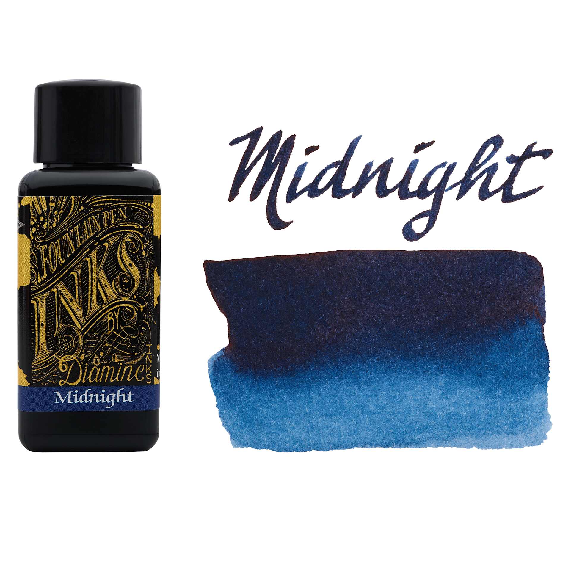 Diamine Fountain Pen Ink - Midnight, 30 ml bottle with swatch