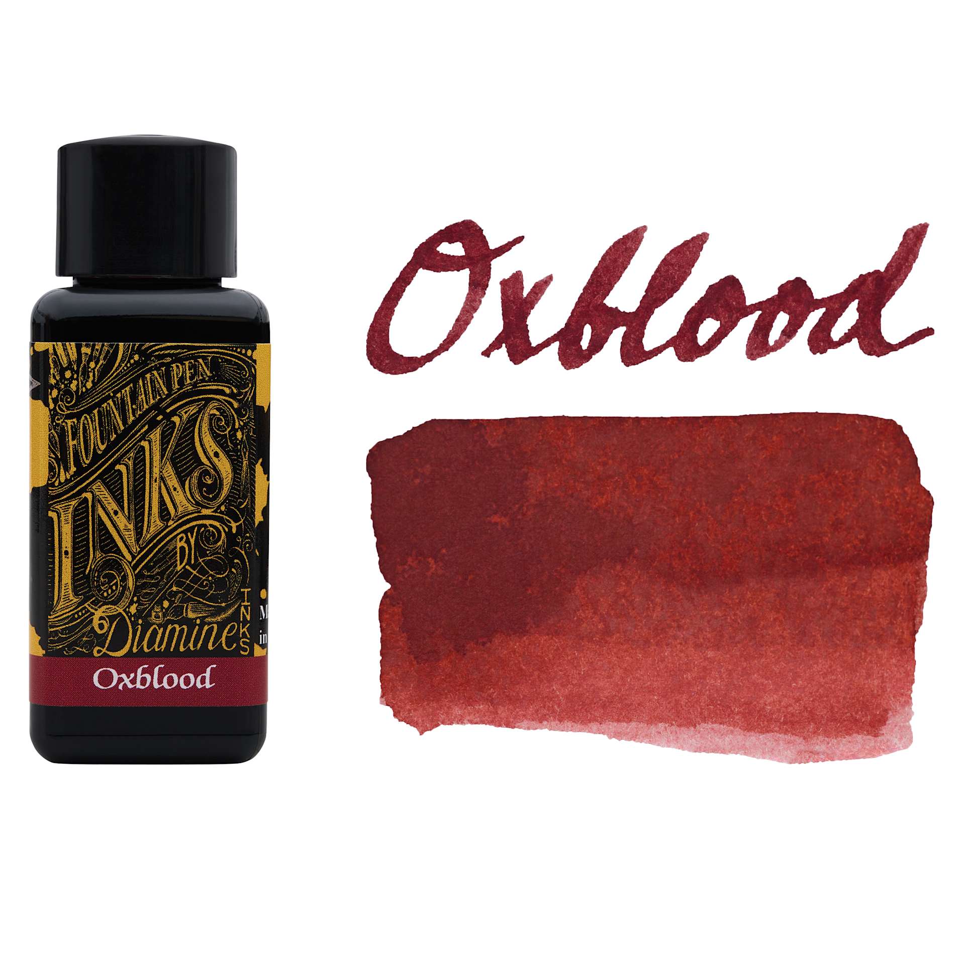 Diamine Fountain Pen Ink - Oxblood, 30 ml bottle with swatch