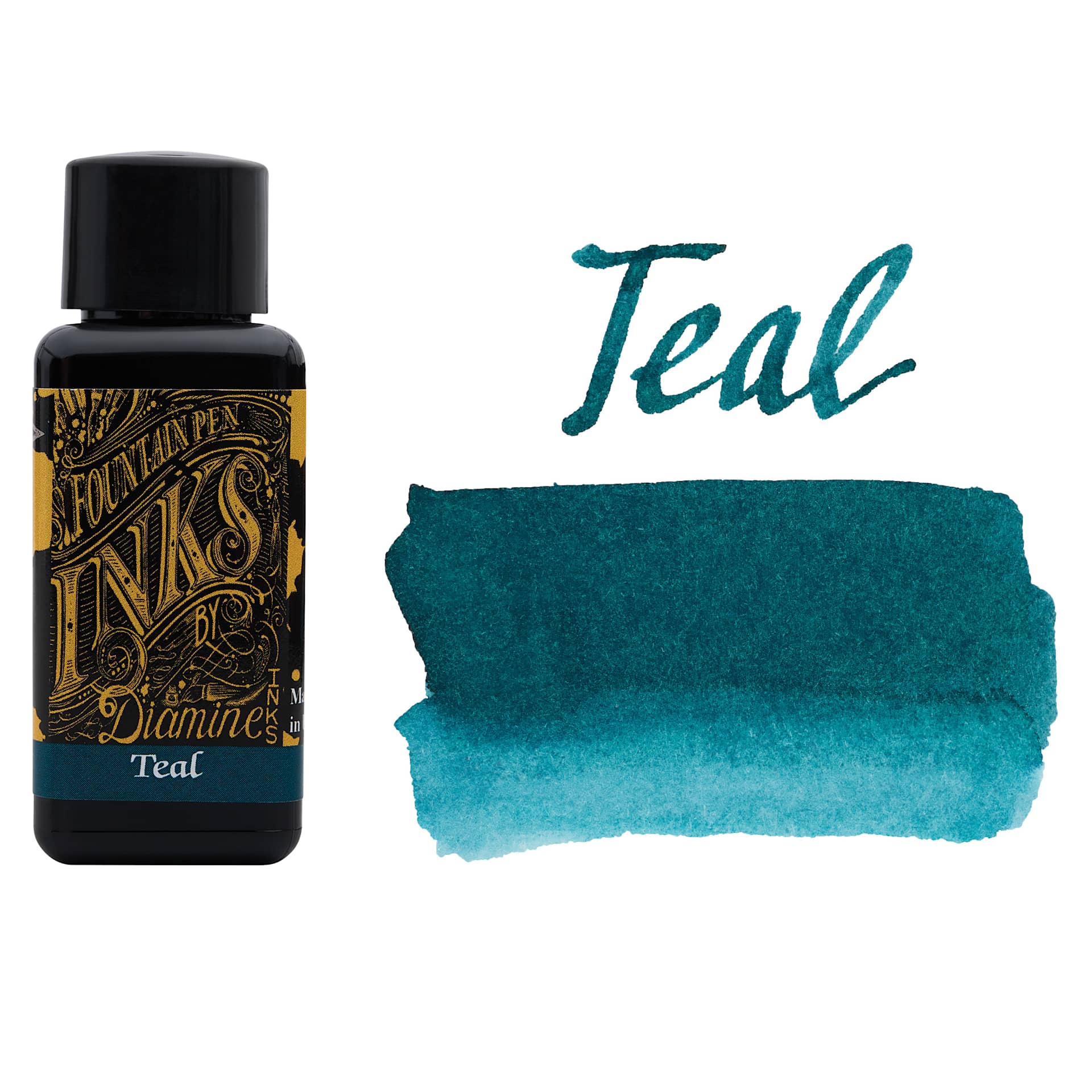 Diamine Fountain Pen Ink - Teal, 30 ml bottle with swatch