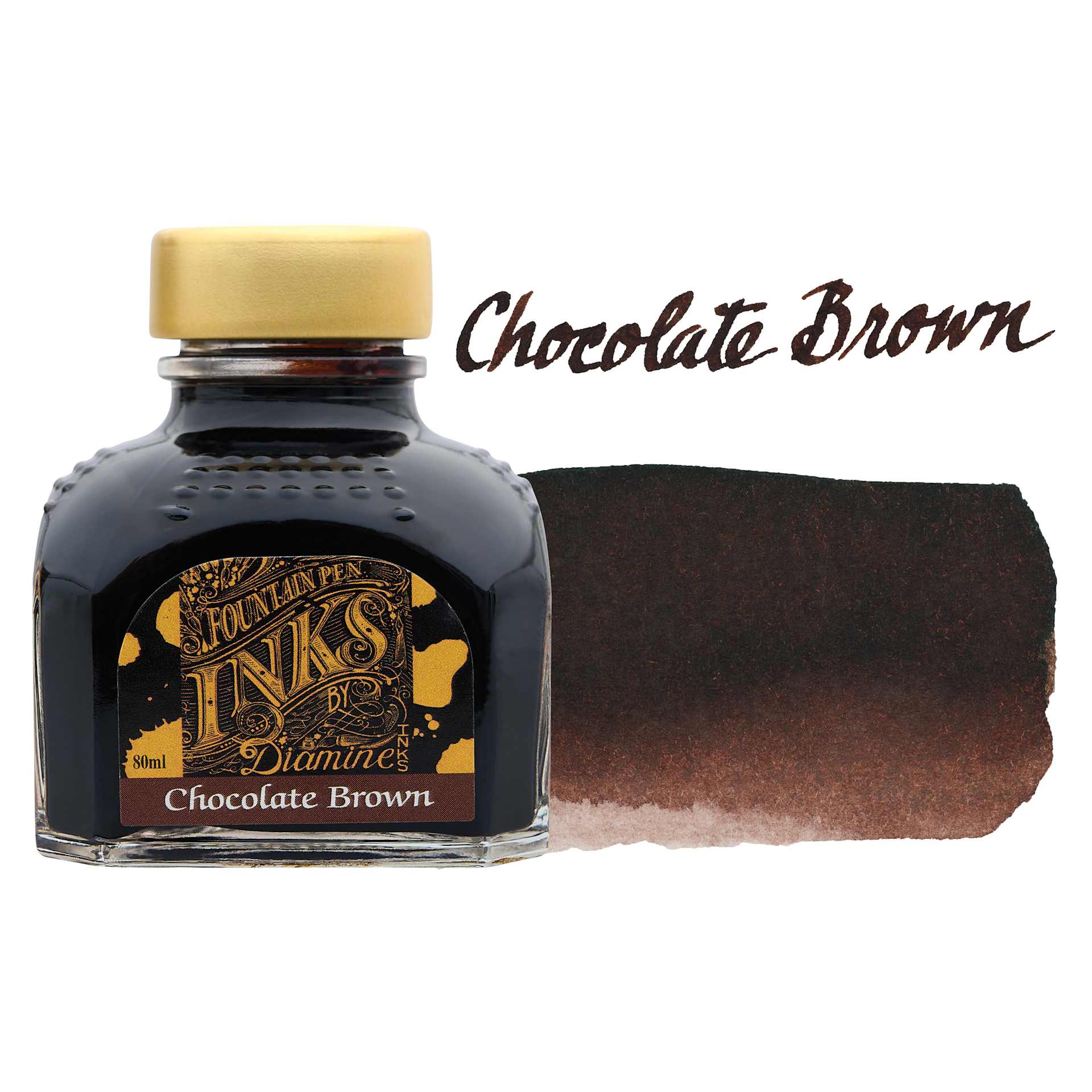 Diamine Fountain Pen Ink - Chocolate Brown, 80 ml bottle with swatch