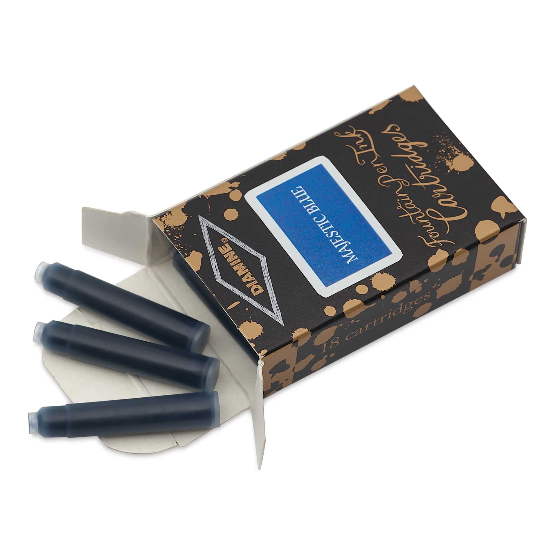 Diamine Ink Cartridges - Pkg of 18, Majestic Blue, open packaging with cartridges