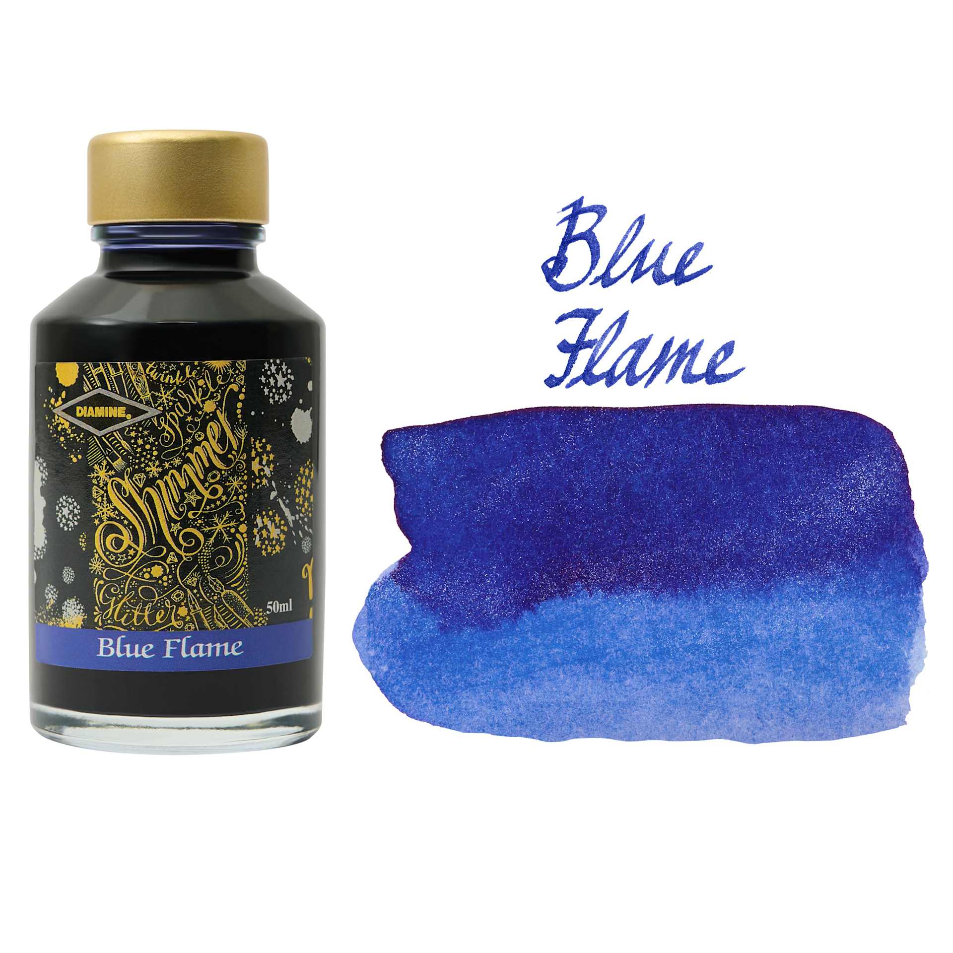 Diamine Shimmer Fountain Pen Ink - Blue Flame, 50 ml bottle and swatch