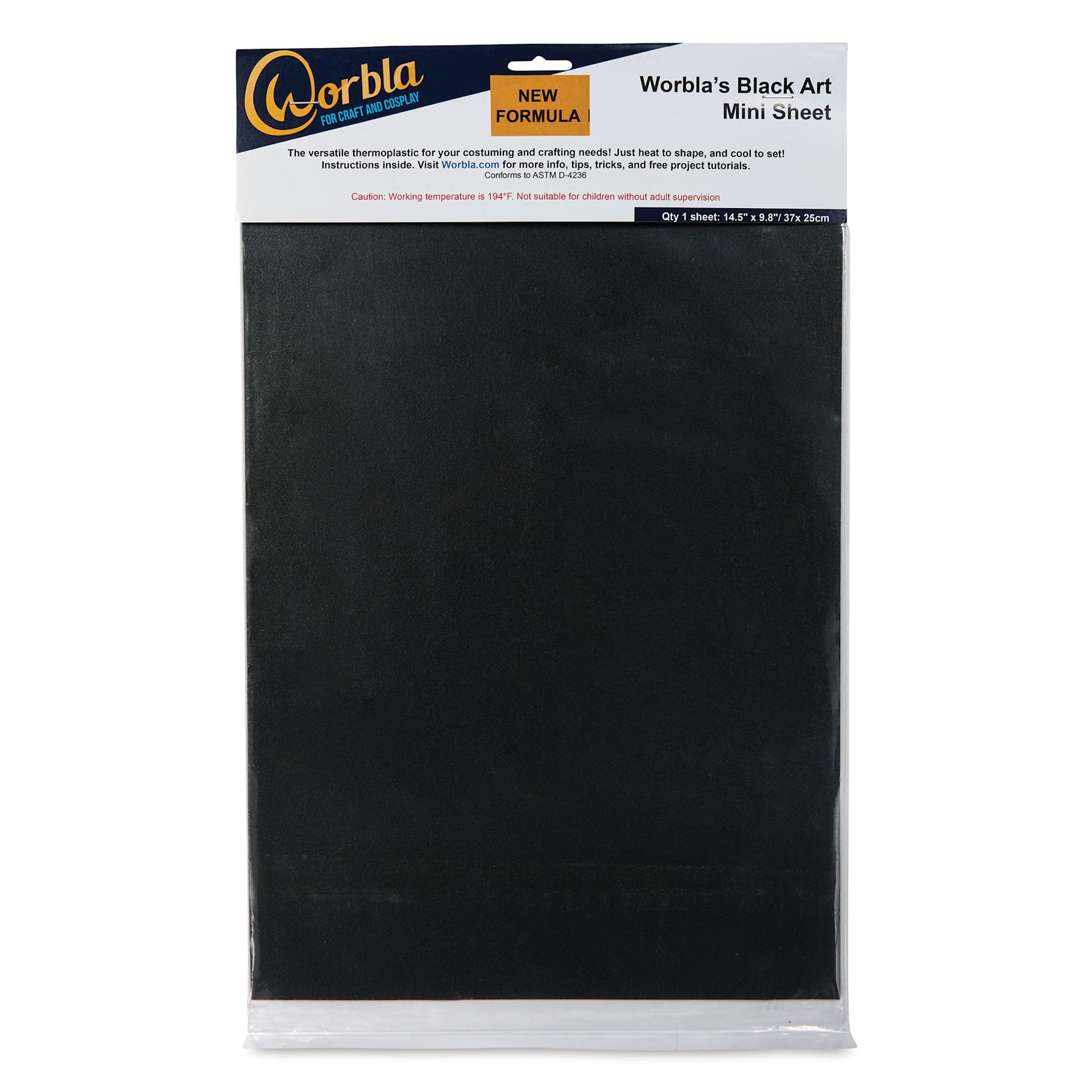 Worbla Black Art 2.0 Thermoplastic Sheet - Mini, 15-1/2" x 9-4/5" front of packaging