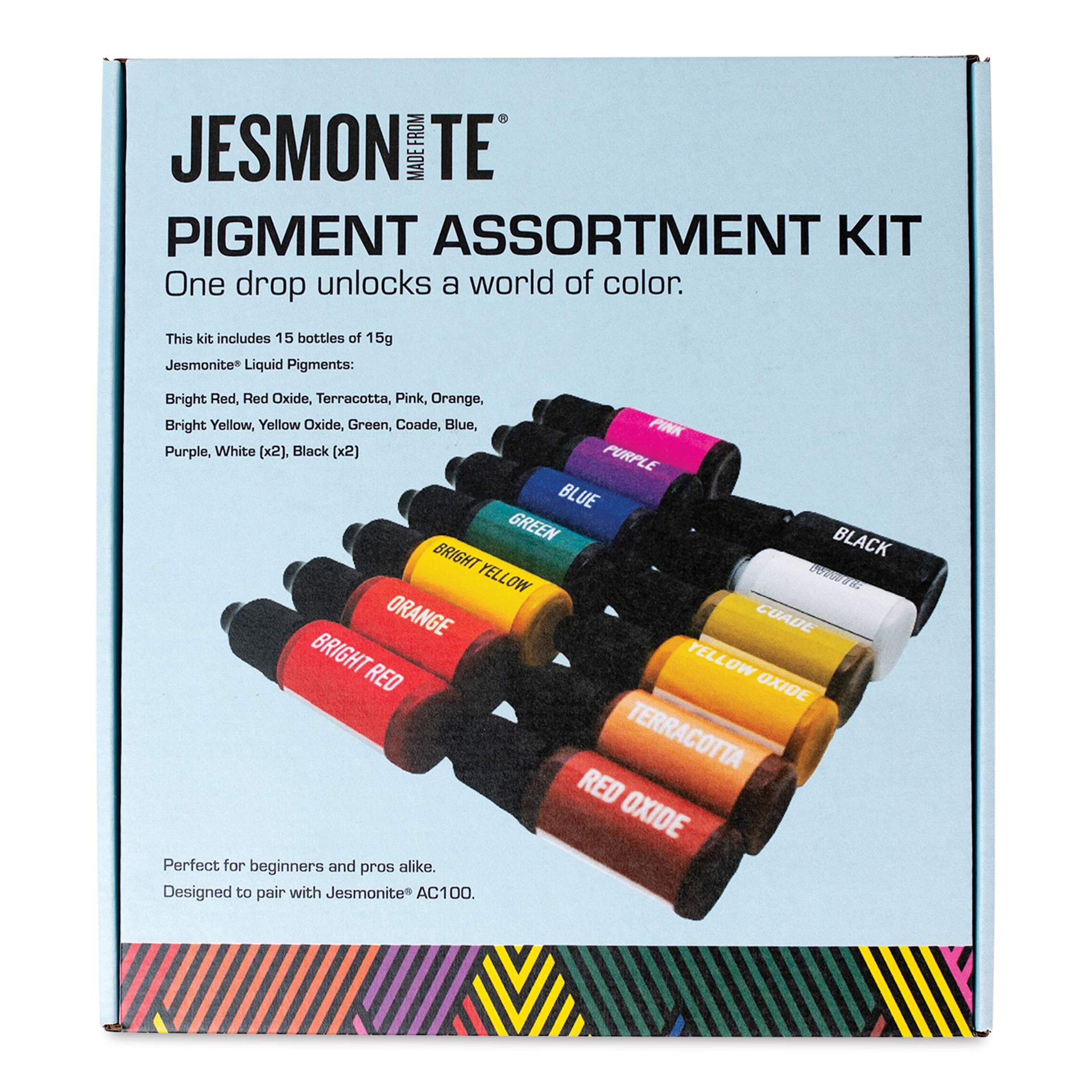 Front of package for Jesmonite AC100 Liquid Resin Pigments Set of 15