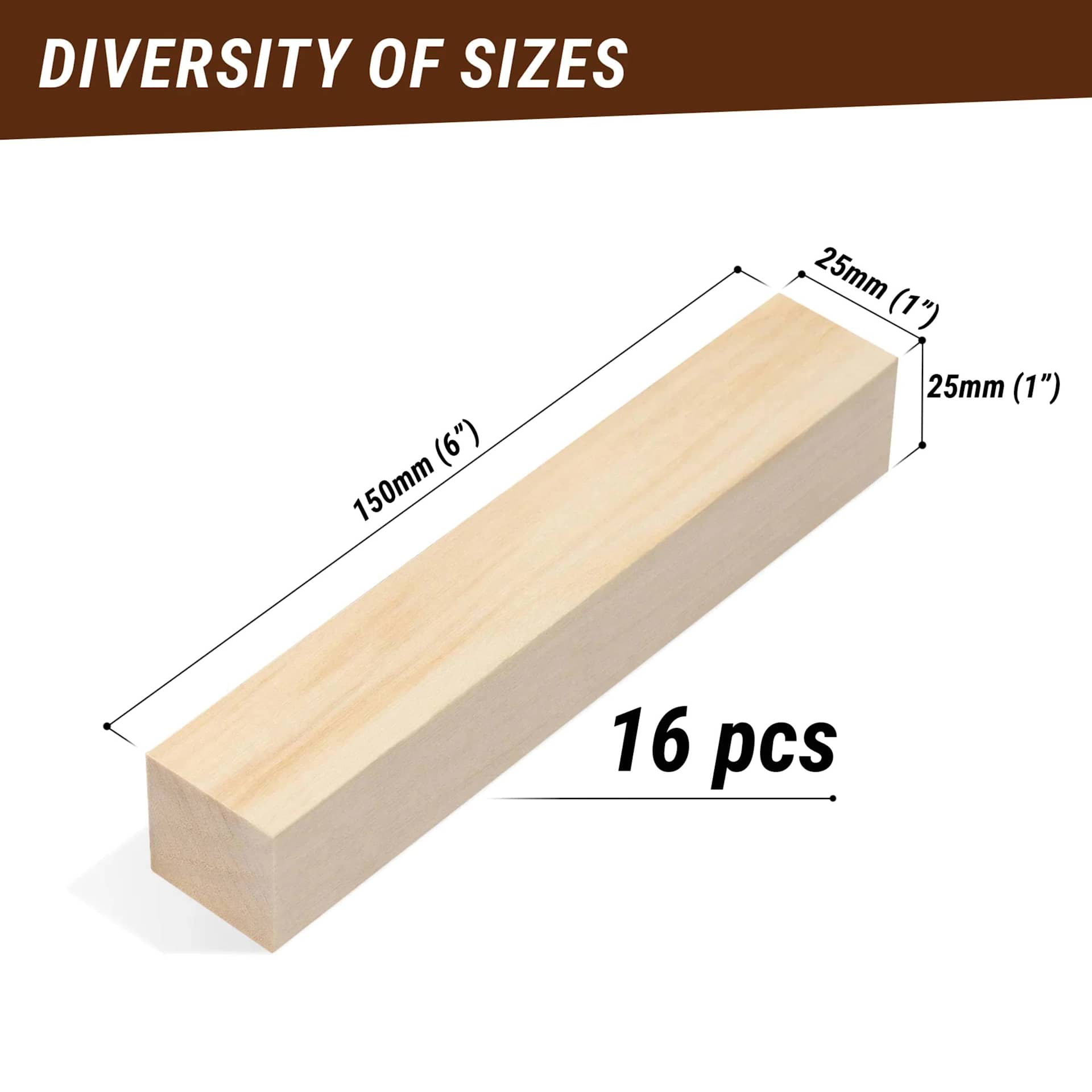 BeaverCraft Basswood Carving Block Set - Pkg of 16, 1" x 1" x 6" Blocks showing measurements
