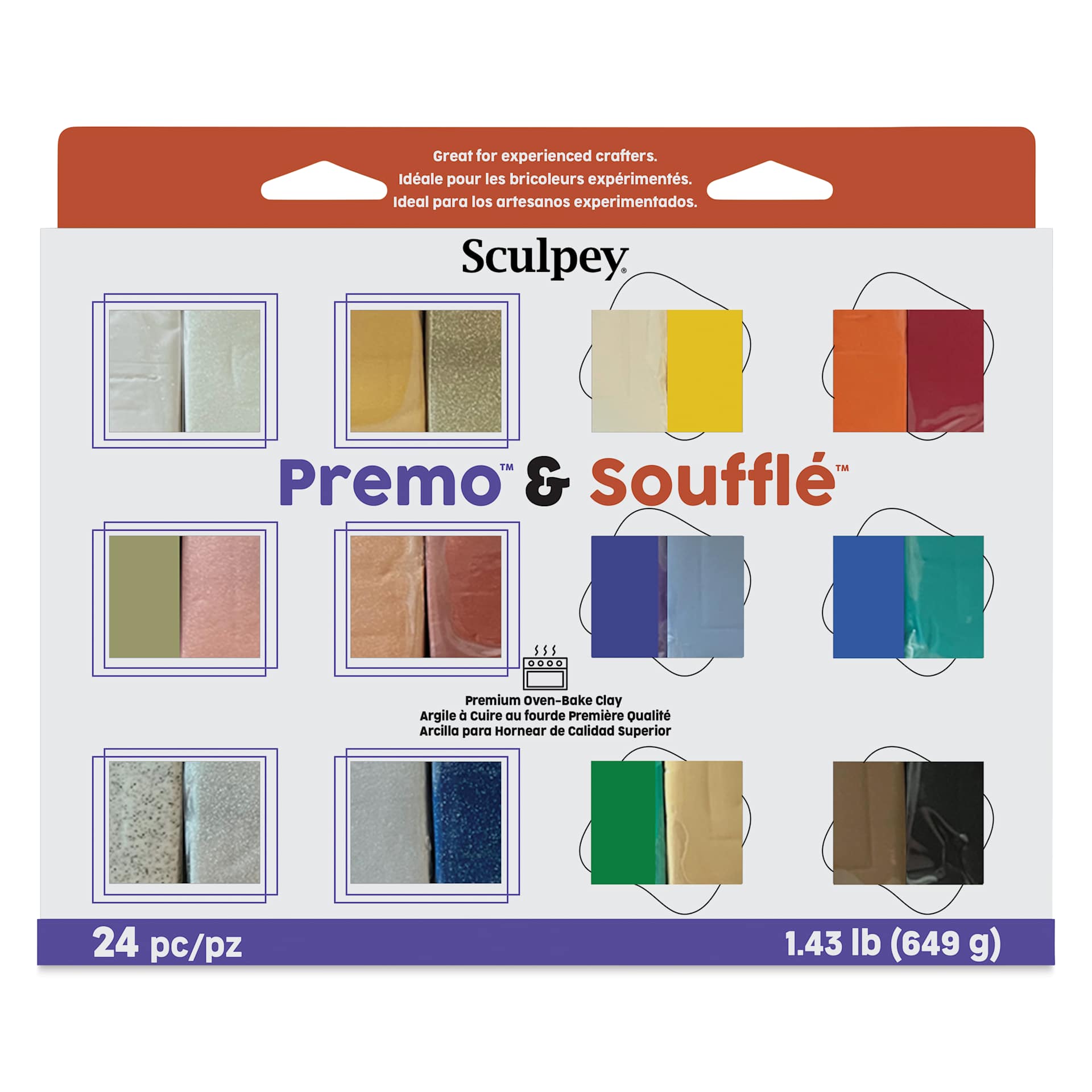 Sculpey Premo and Souffle Multipack - Metallic and Glitter Faux Suede, Set of 24 front of packaging
