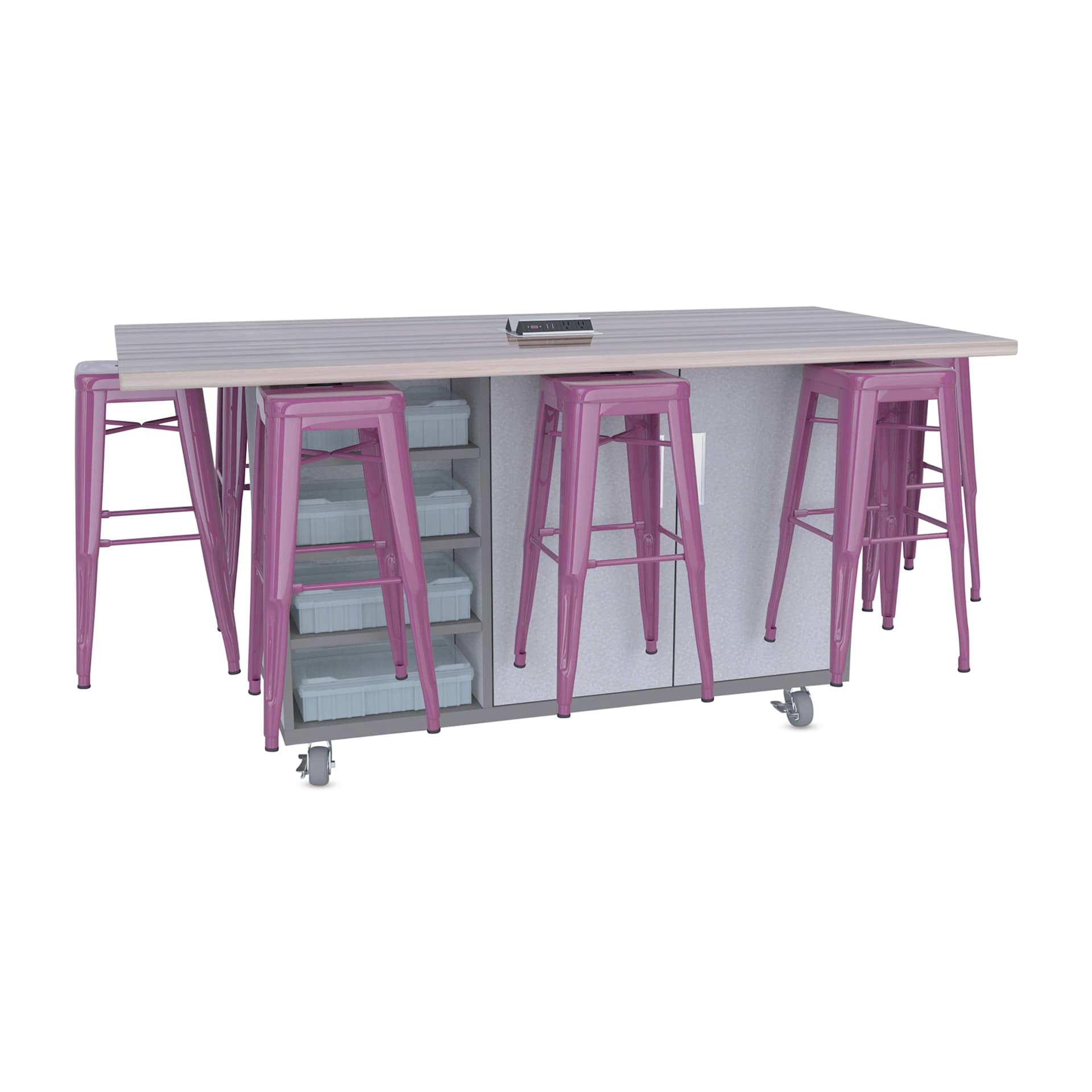CEF Ed8 Work Table with Stools, 42"H table with purple stools and Folkstone Hex finish.