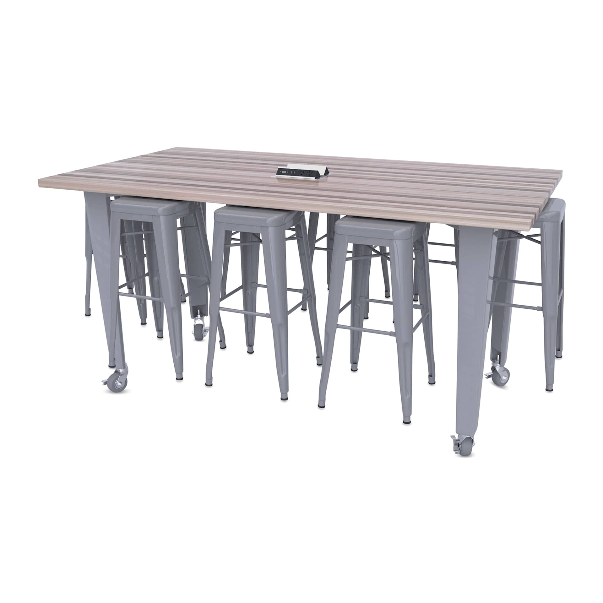 CEF Idea Island Work Table, 42" high with 8 silver stools.