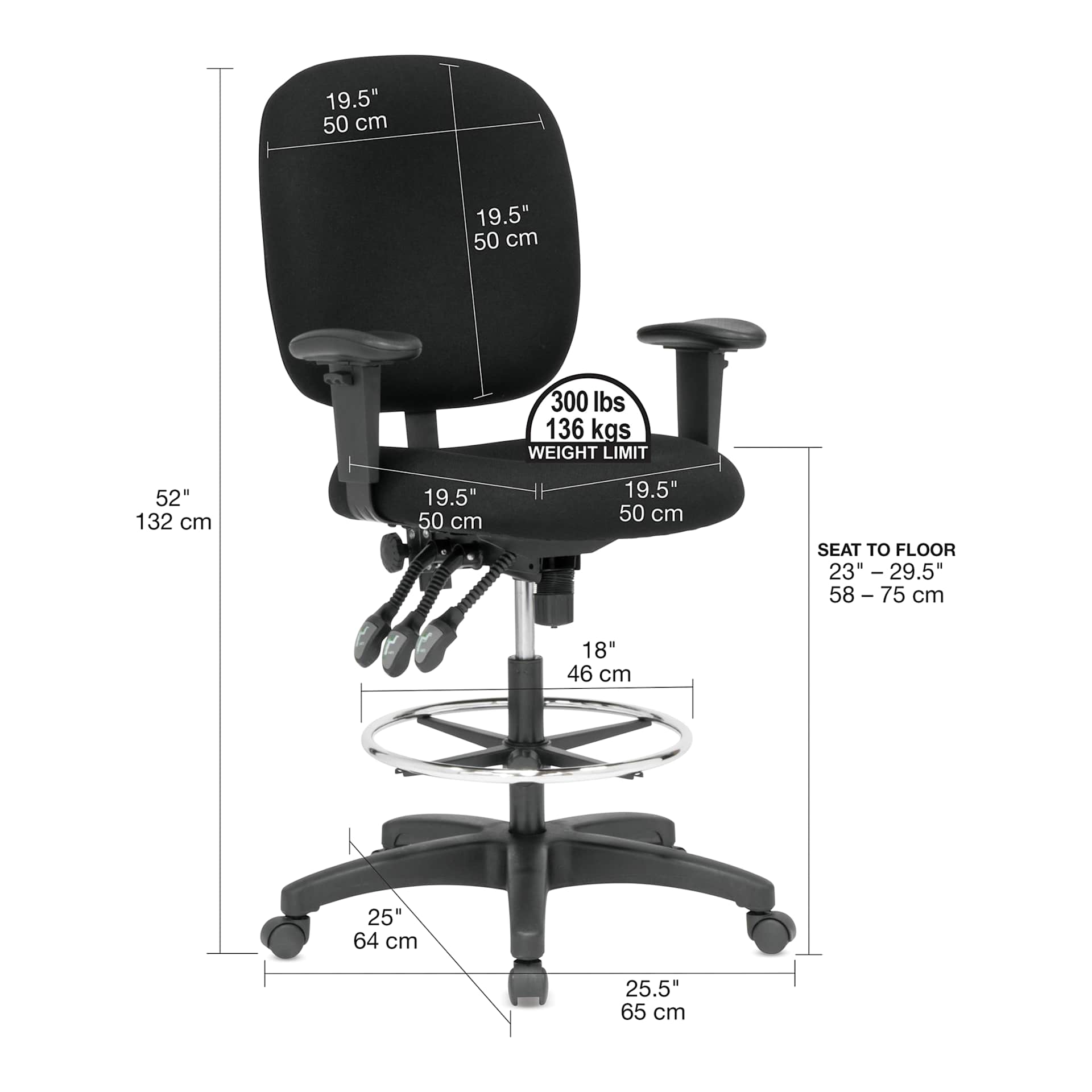Studio Designs Winslow Drafting Chair, display of the overal dimensions of the chair. 