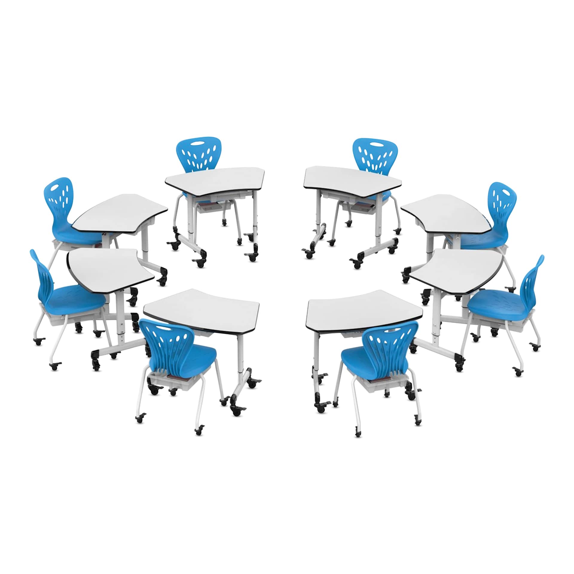 Luxor Height-Adjustable Trapezoid Student Desk with Drawer, demonstration of desk placement. 
