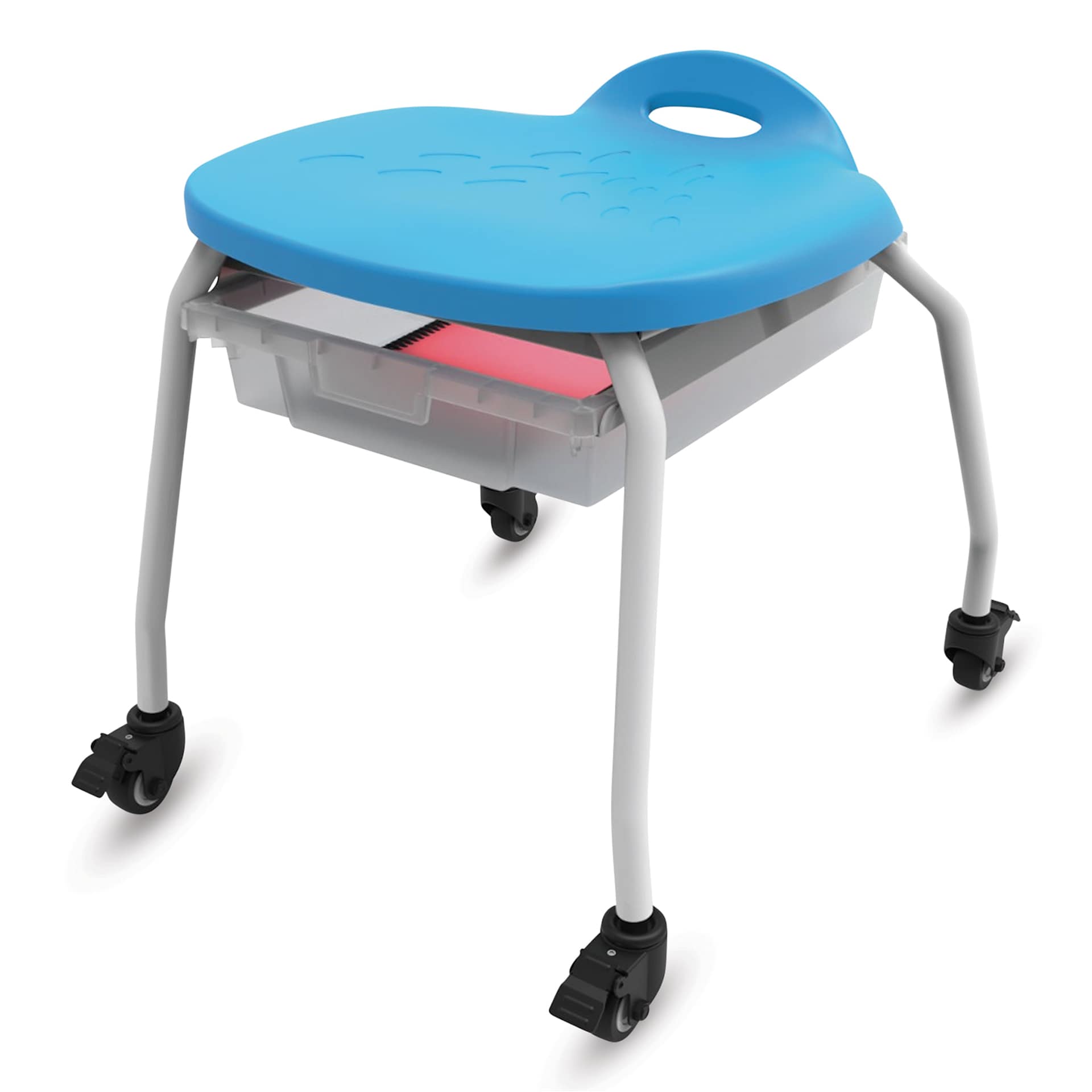 Stackable Classroom Stool with Wheels and Storage, view from the side of the stool. 