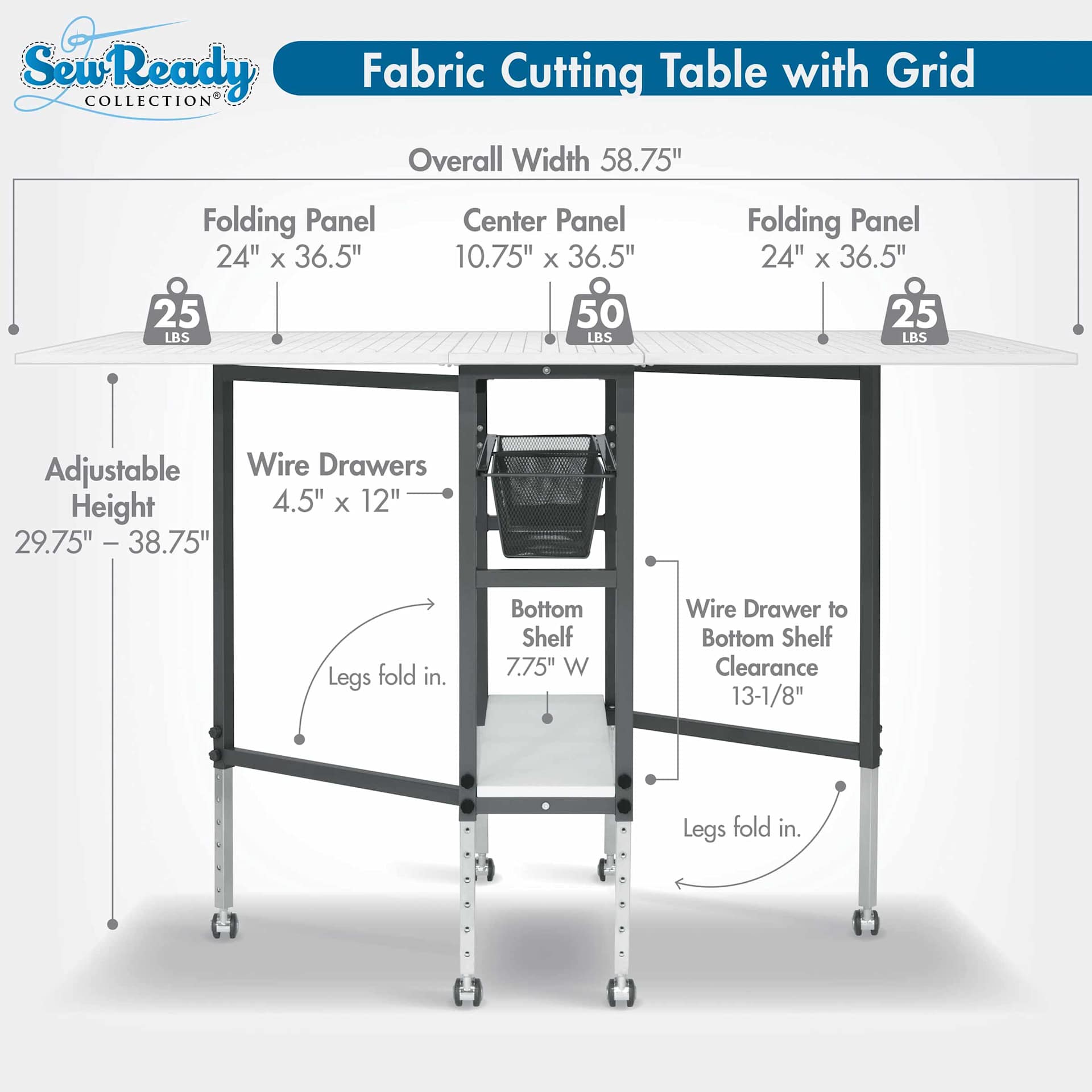 Studio Designs Sew Ready Cutting Table with Grid - Charcoal/White, dimensions