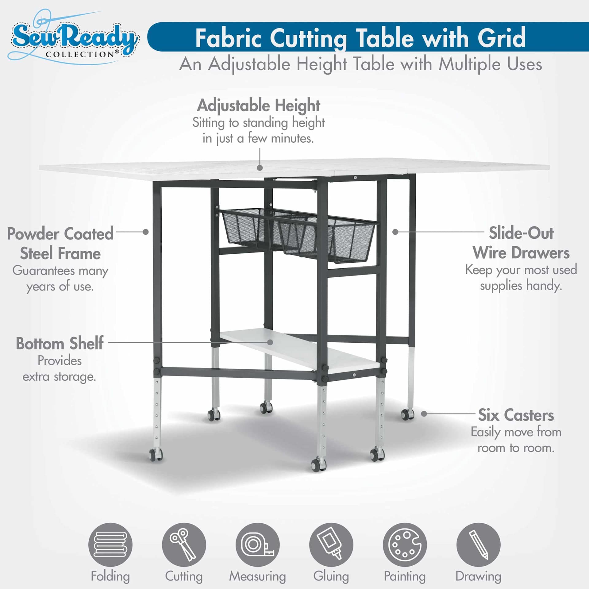 Studio Designs Sew Ready Cutting Table with Grid - Charcoal/White, features
