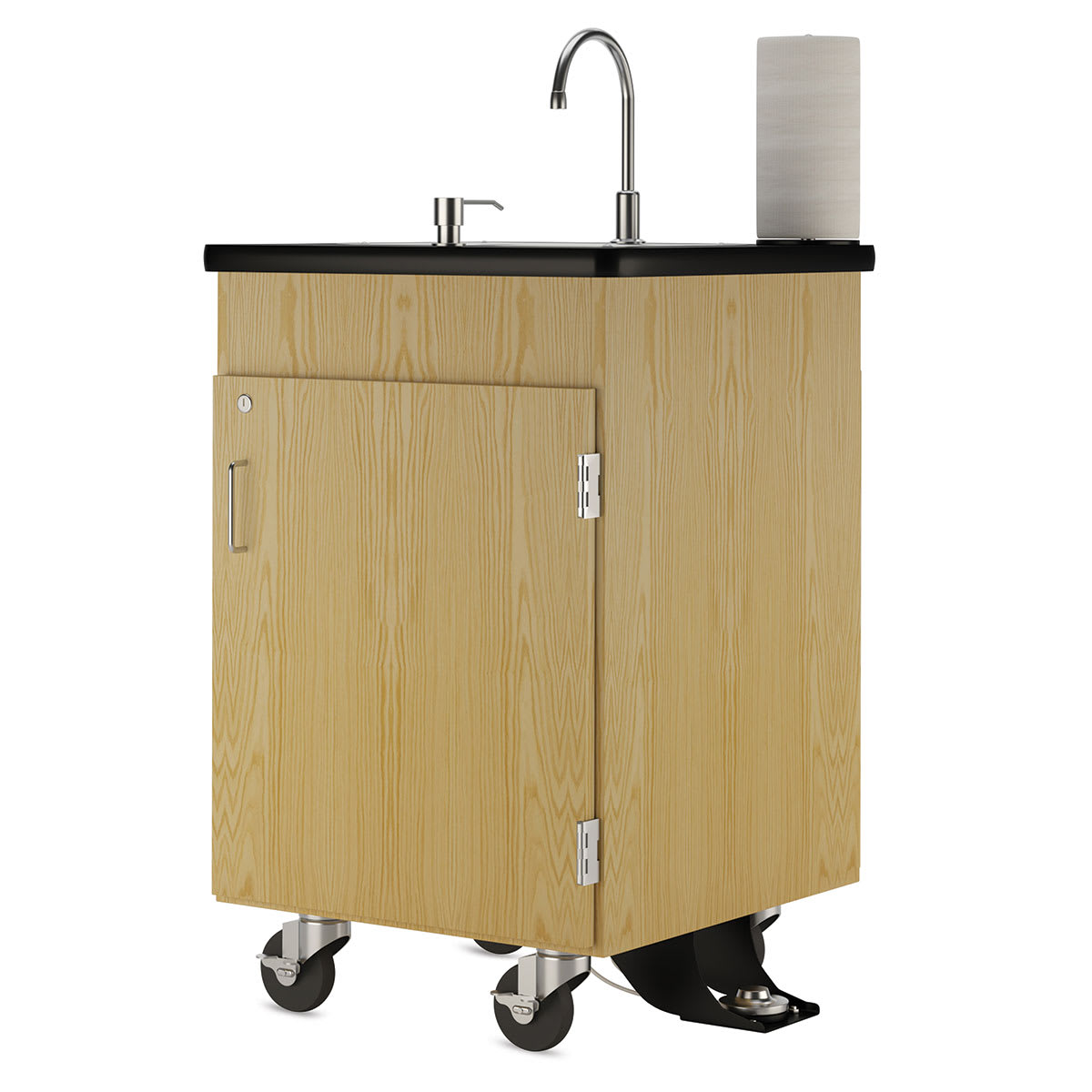 Diversified Spaces Mobile Hand Wash Station - Single Foot Pump, Oak, 24"W x 24"D x 36"H (Front, Angled view)