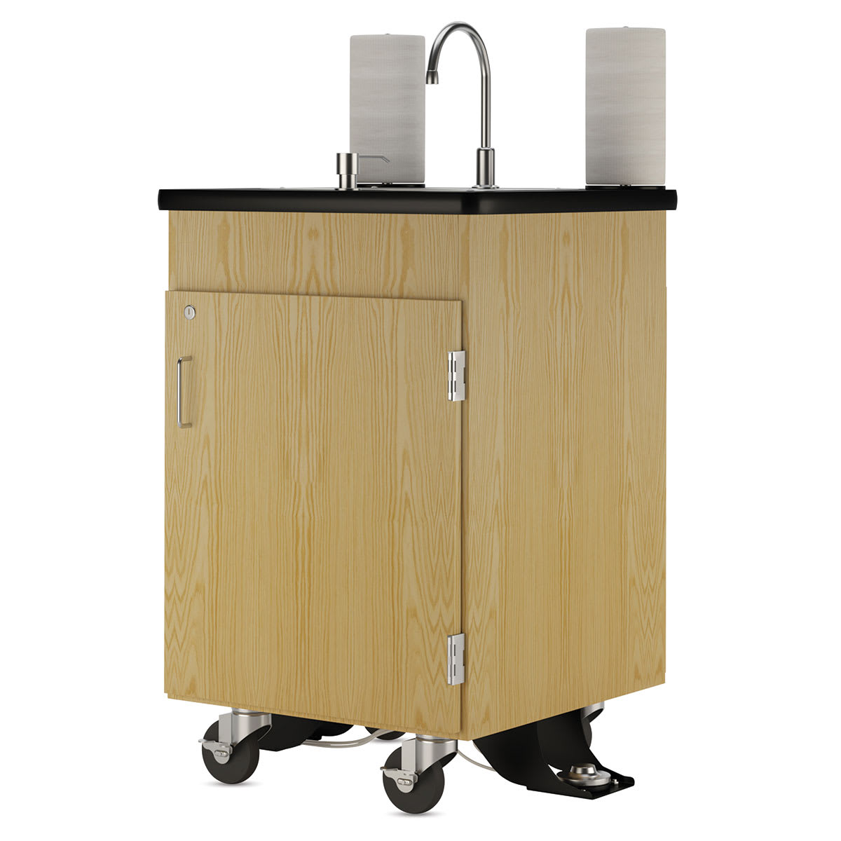 Diversified Spaces Mobile Hand Wash Station - Dual Foot Pump, Oak, 24"W x 24"D x 36"H (Front, Angled view)