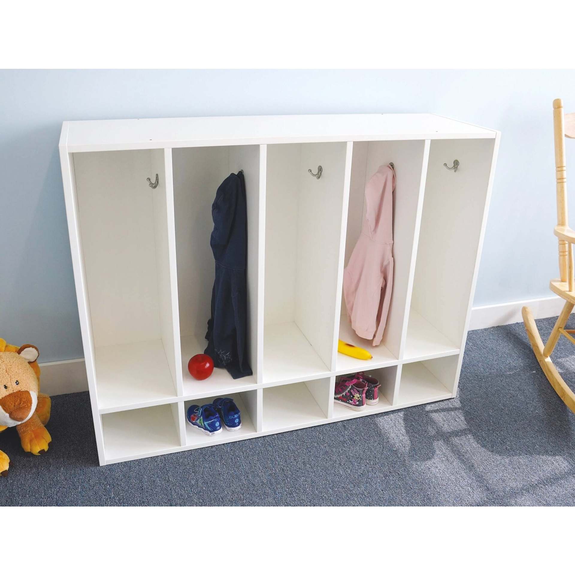 Whitney Brothers White Five Section Coat Locker with coats