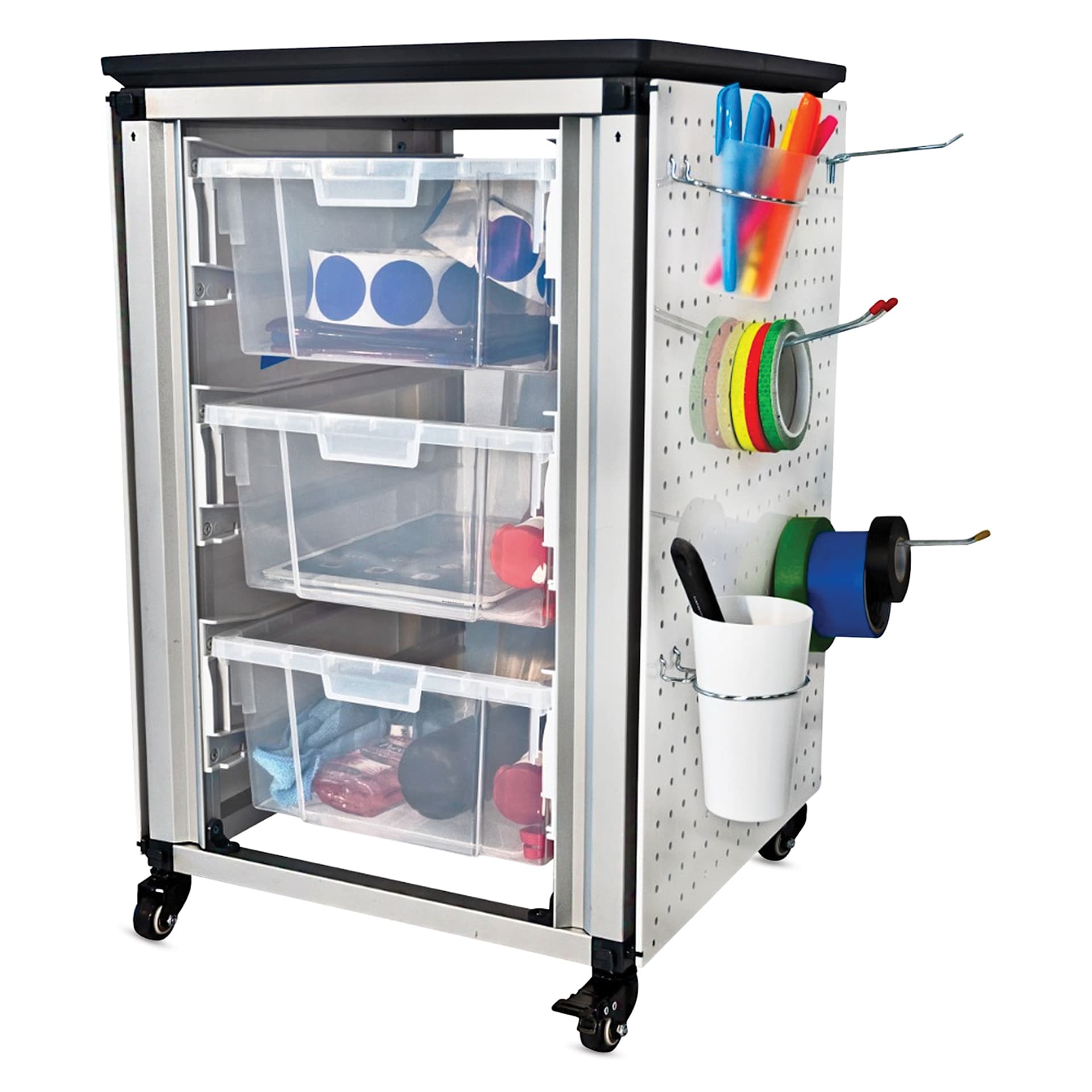 Modular Storage Cabinet, demonstration of the single module with 3 large bins filled with supplies
