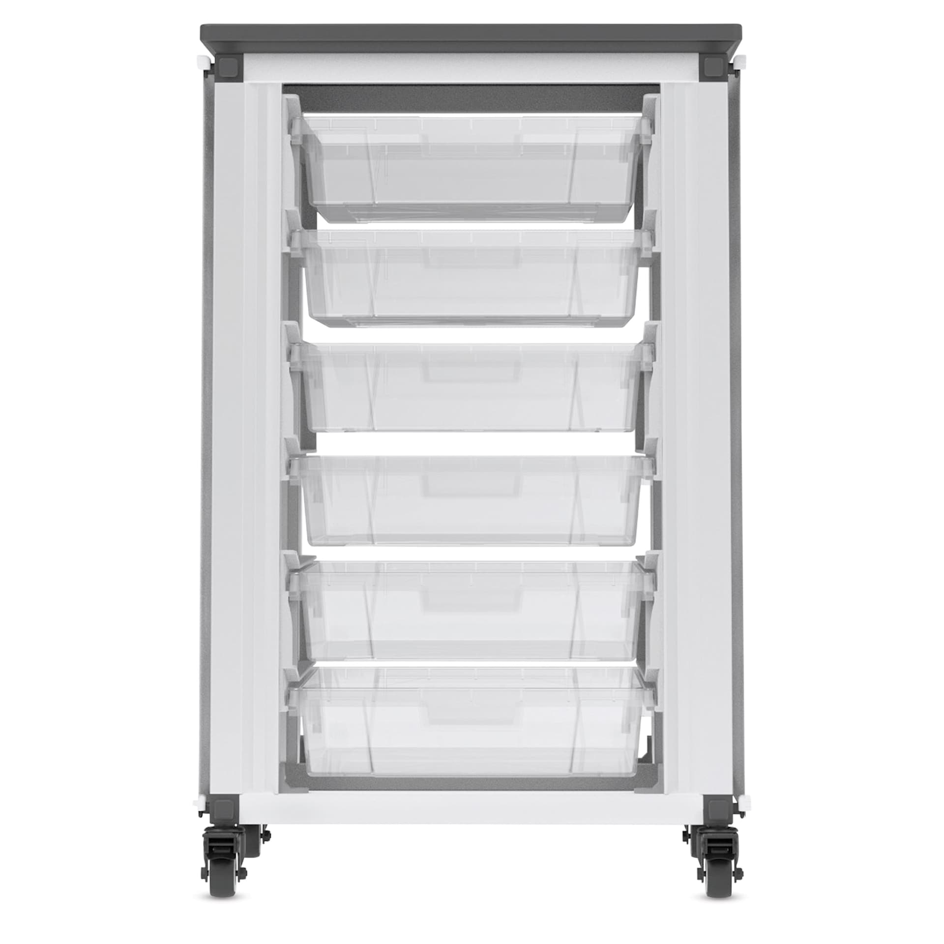 Modular Storage Cabinet, front view of the single module with 6 small bins. 