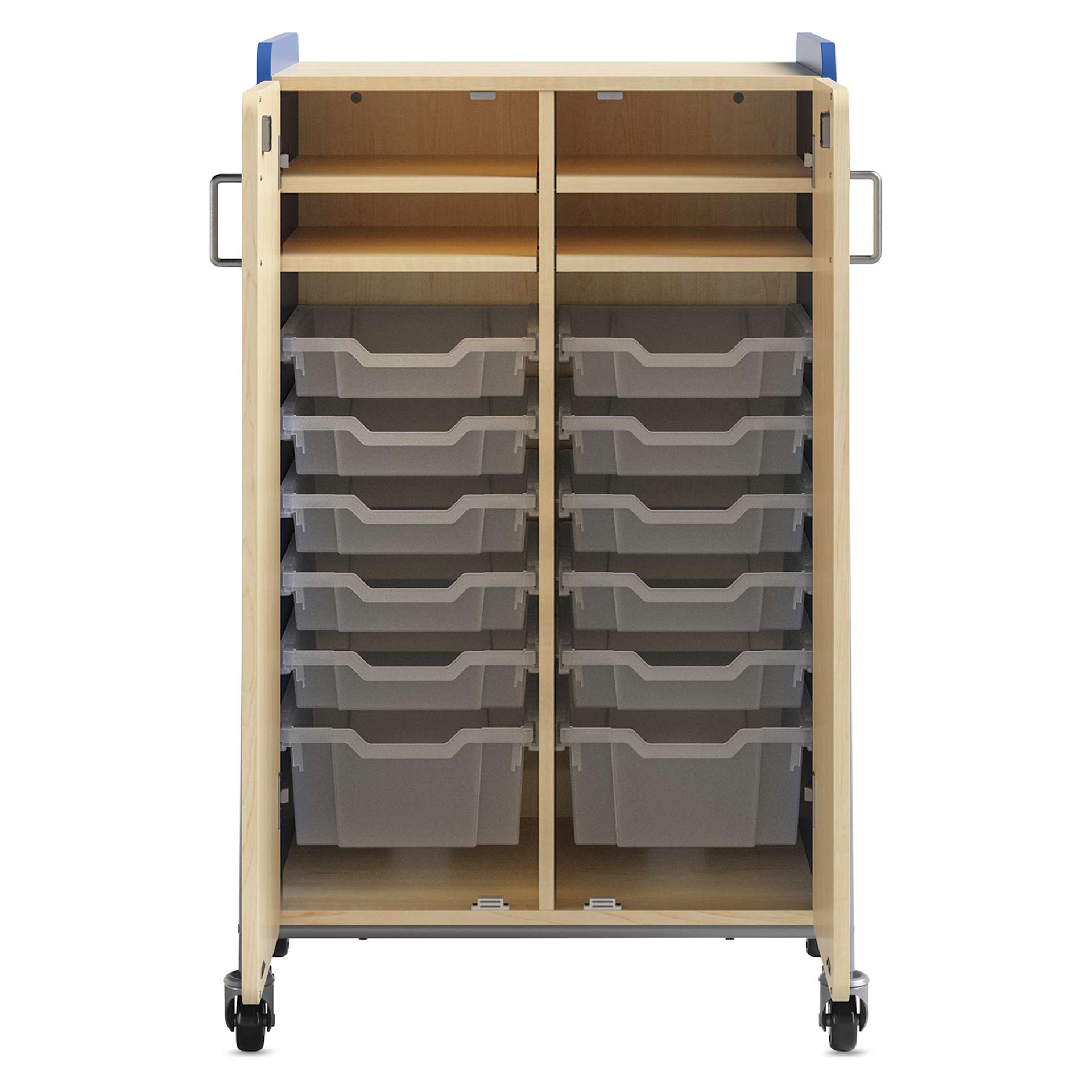 Safco Whiffle Typical 14 Double Storage Cart - Spectrum Blue, cart opened showing totes and shelves
