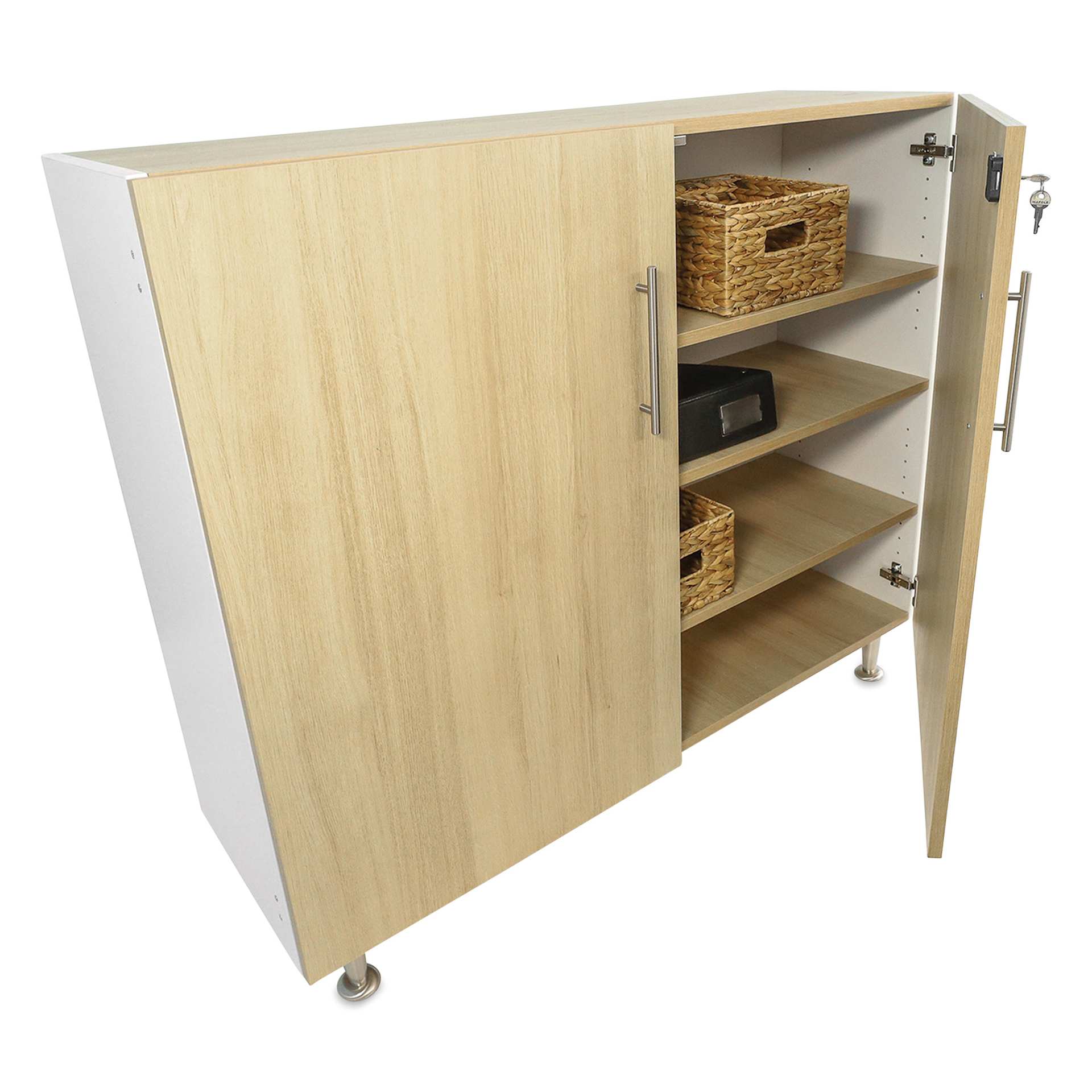 Whitney Brothers ElevatED Lockable Wall Cabinet, opened showing items inside (not included)