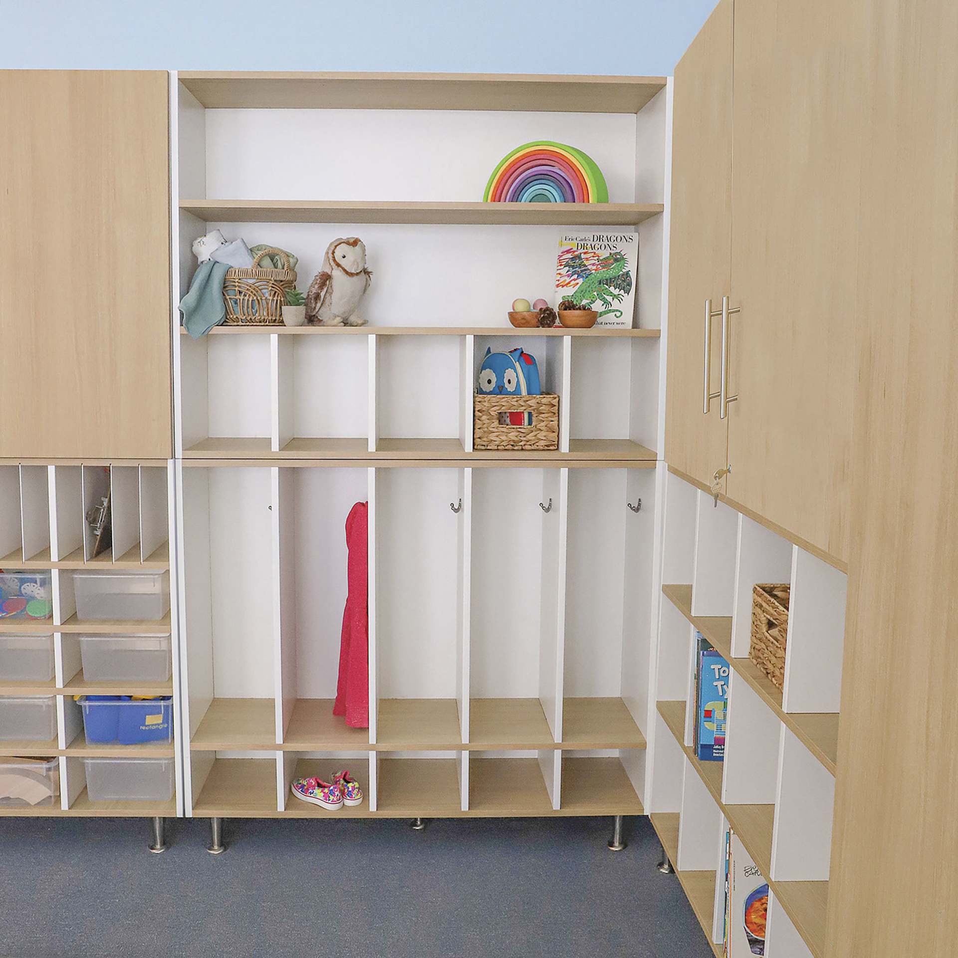 Whitney Brothers ElevatED Cubby and Shelf Cabinet, inside of a classroom