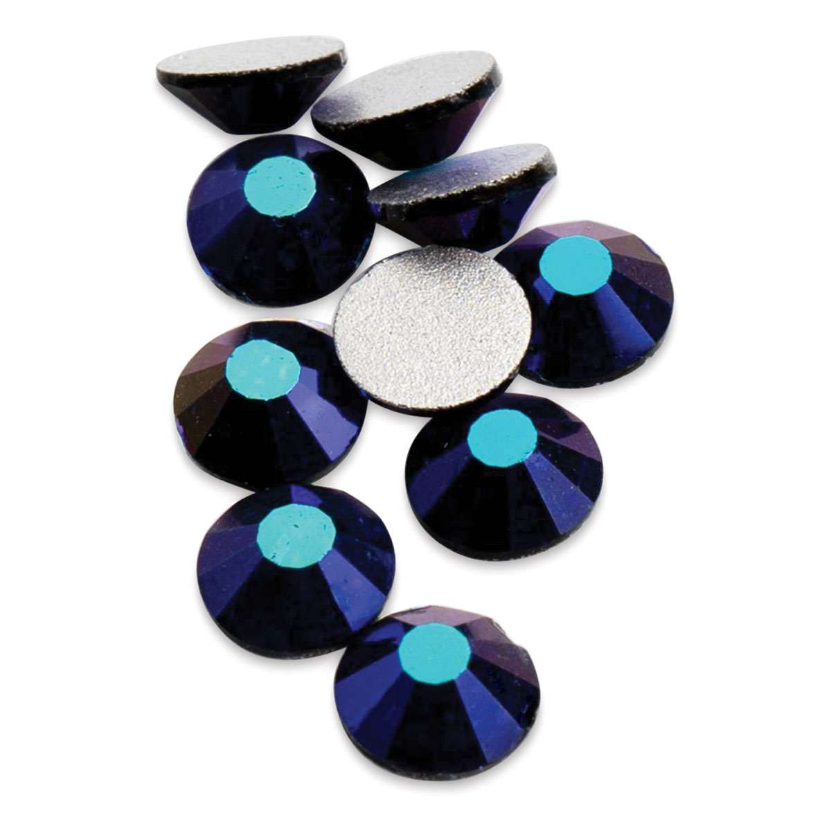 John Bead Crystal Lane Flat Back Rhinestones - Jet, AB, 4.7 mm, (Close-up of front and back of rhinestones)