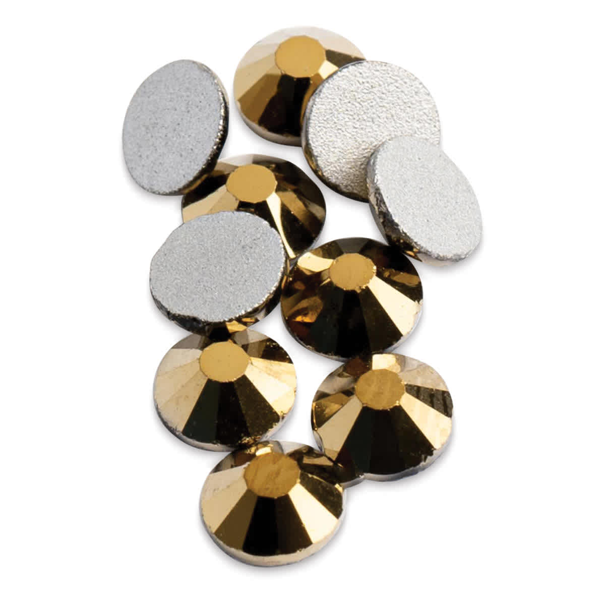 John Bead Crystal Lane Flat Back Rhinestones - Gold, Metallic, 4.7 mm, (Close-up of front and back of rhinestones)