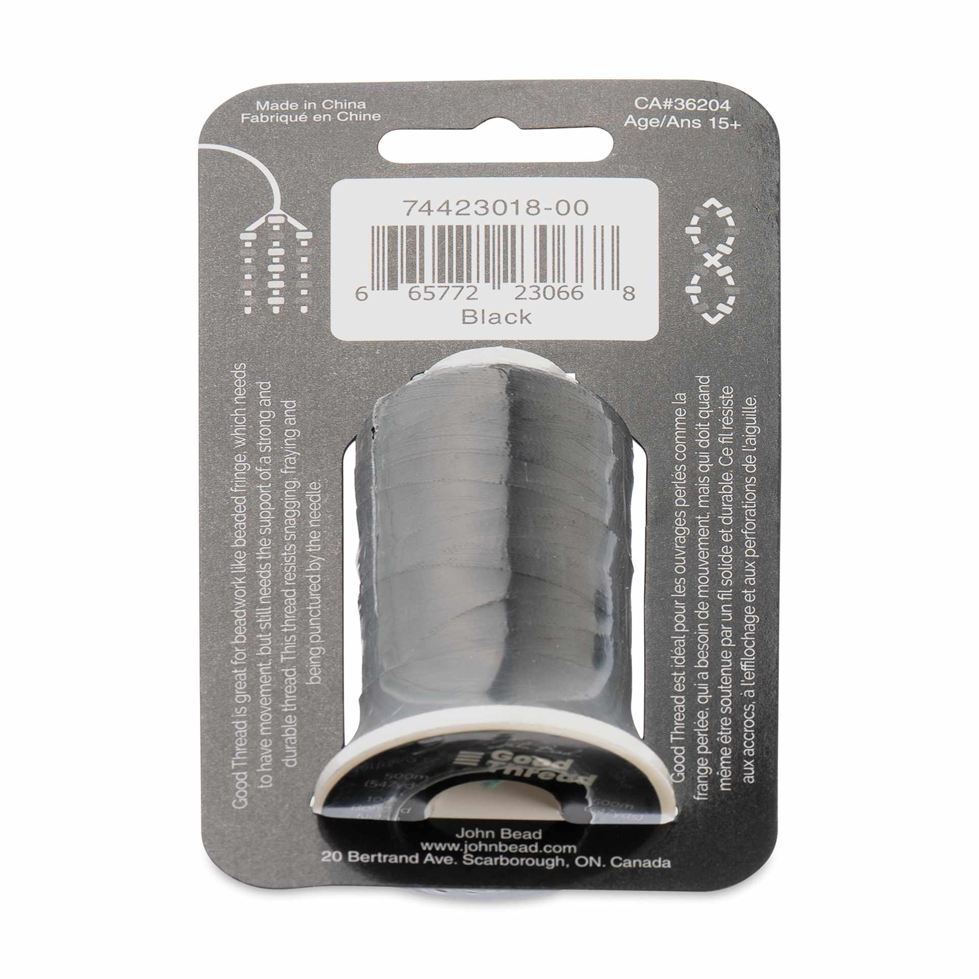John Bead Good Nylon Beading Thread - 547 yd Spool, Black (Back of packaging)