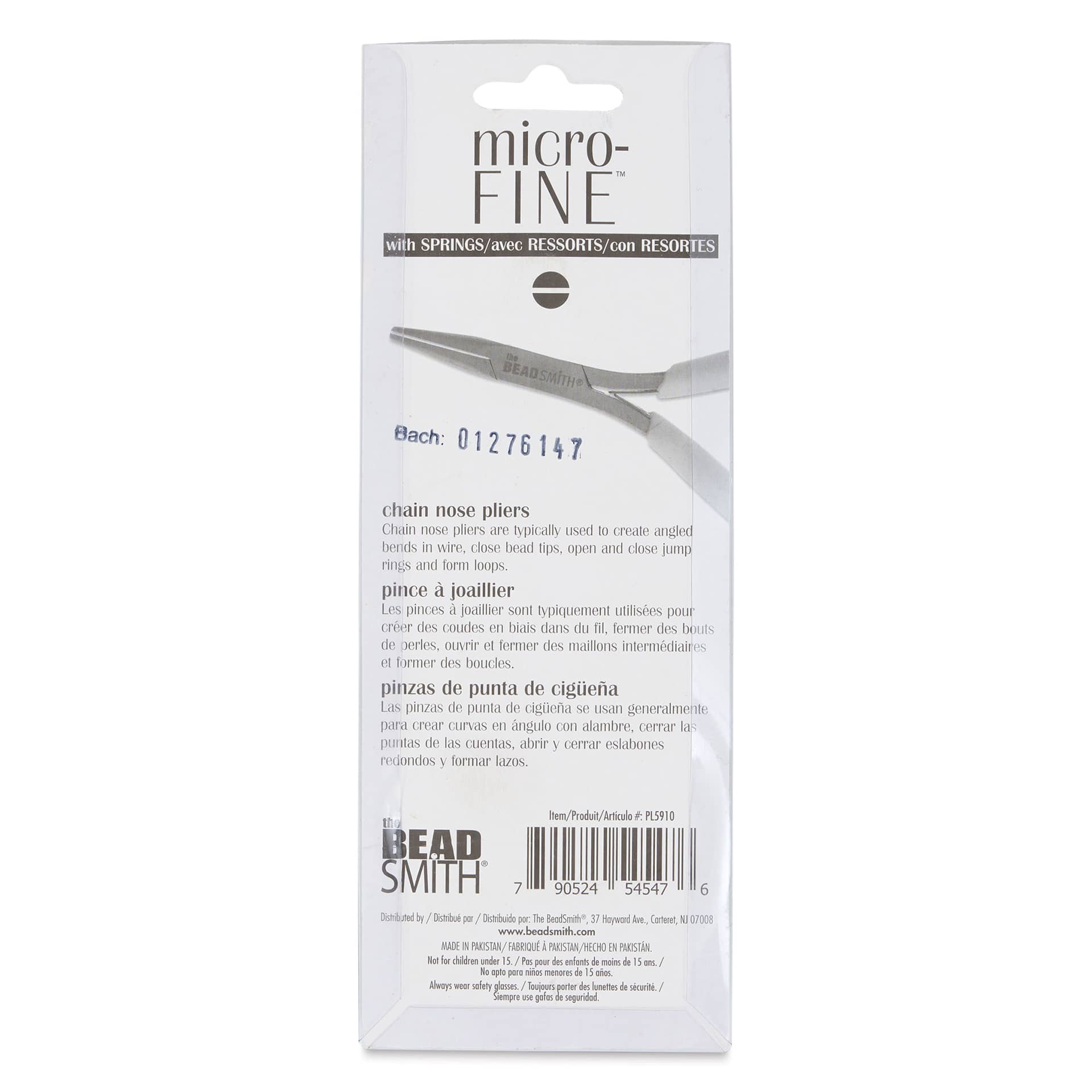 Beadsmith Micro-Fine Chain Nose Pliers, back of the packaging