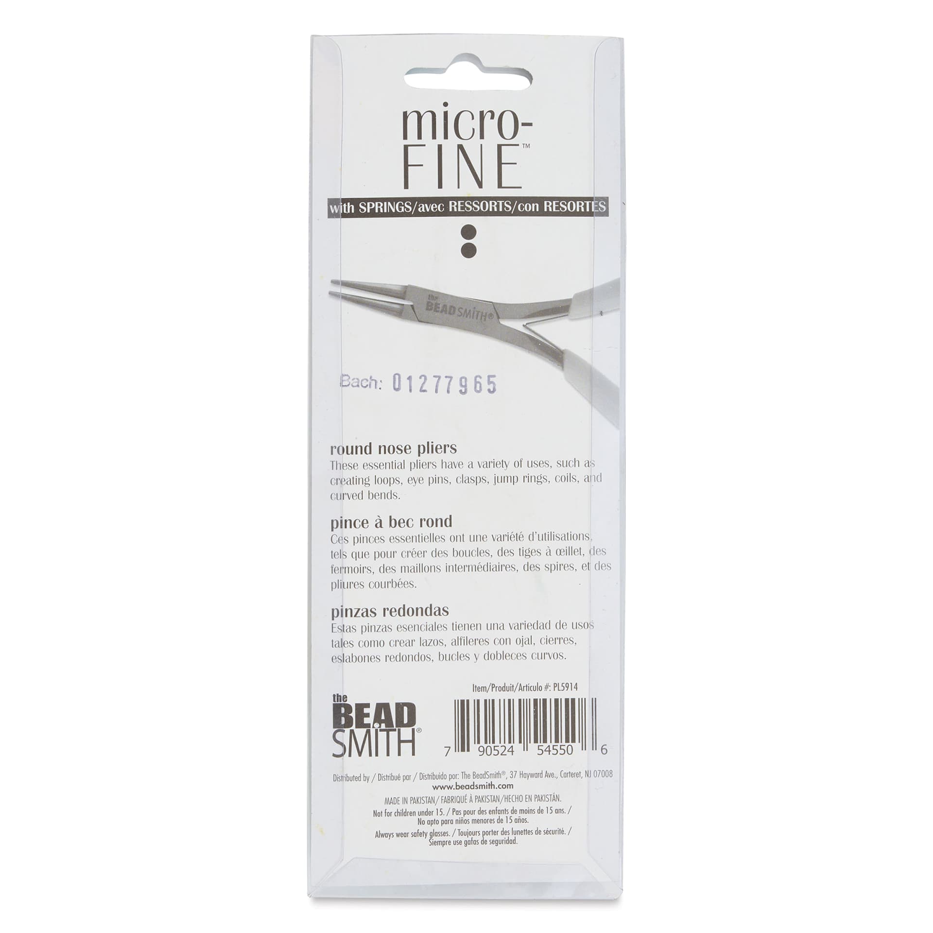 Beadsmith Micro-Fine Round Nose Pliers, back of the packaging