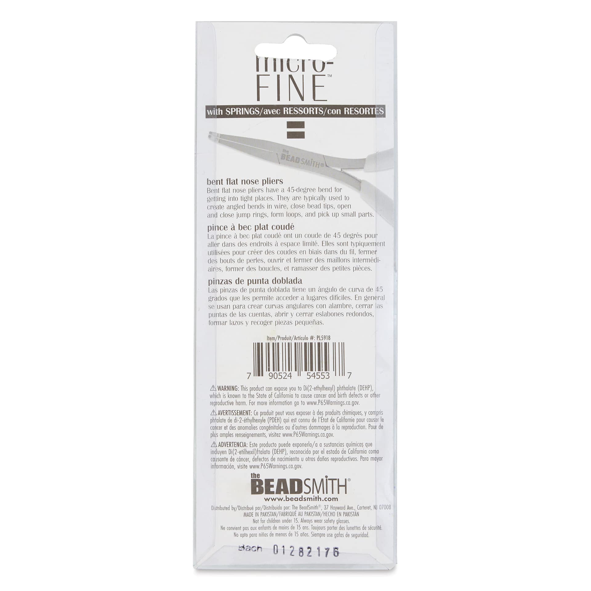 Beadsmith Micro-Fine Bent Flat Nose Pliers, back of the packaging