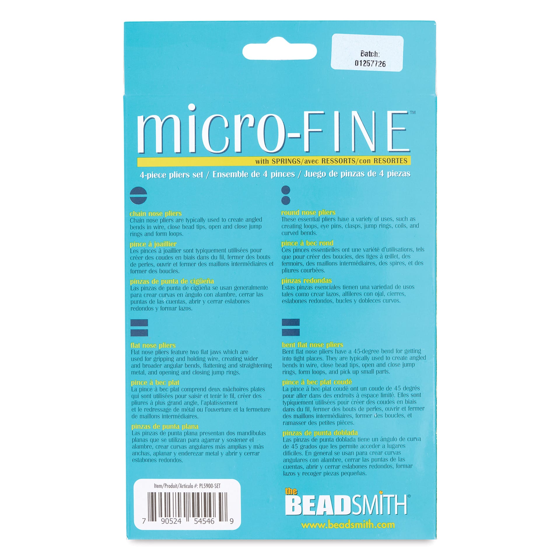 Beadsmith Micro-Fine Pliers Set, back of the packaging