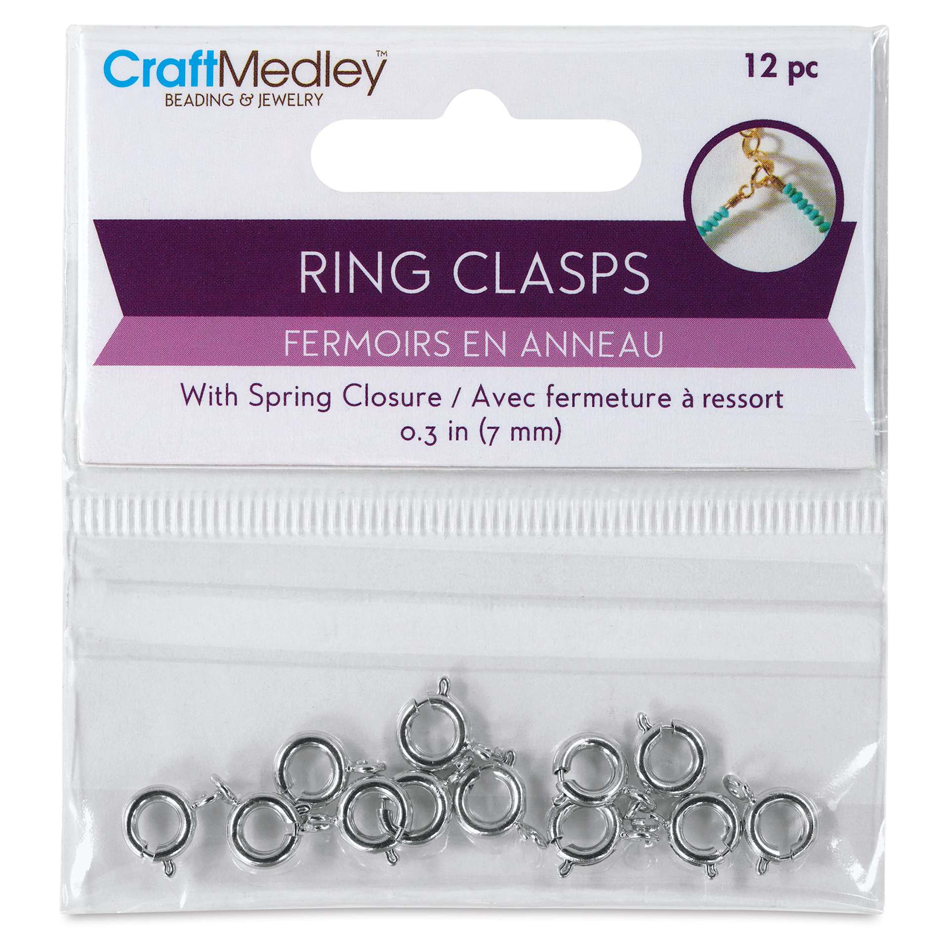 Craft Medley Spring Ring Clasps - Silver, 7 mm, Pkg of 12 front of packaging