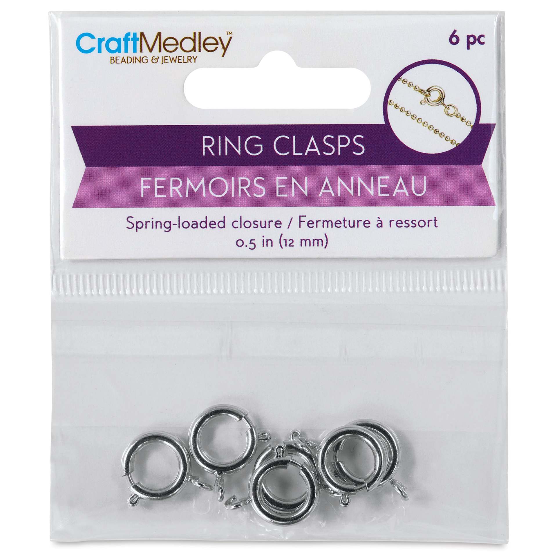 Craft Medley Spring Ring Clasps - Silver, 12 mm, Pkg of 6 front of packaging