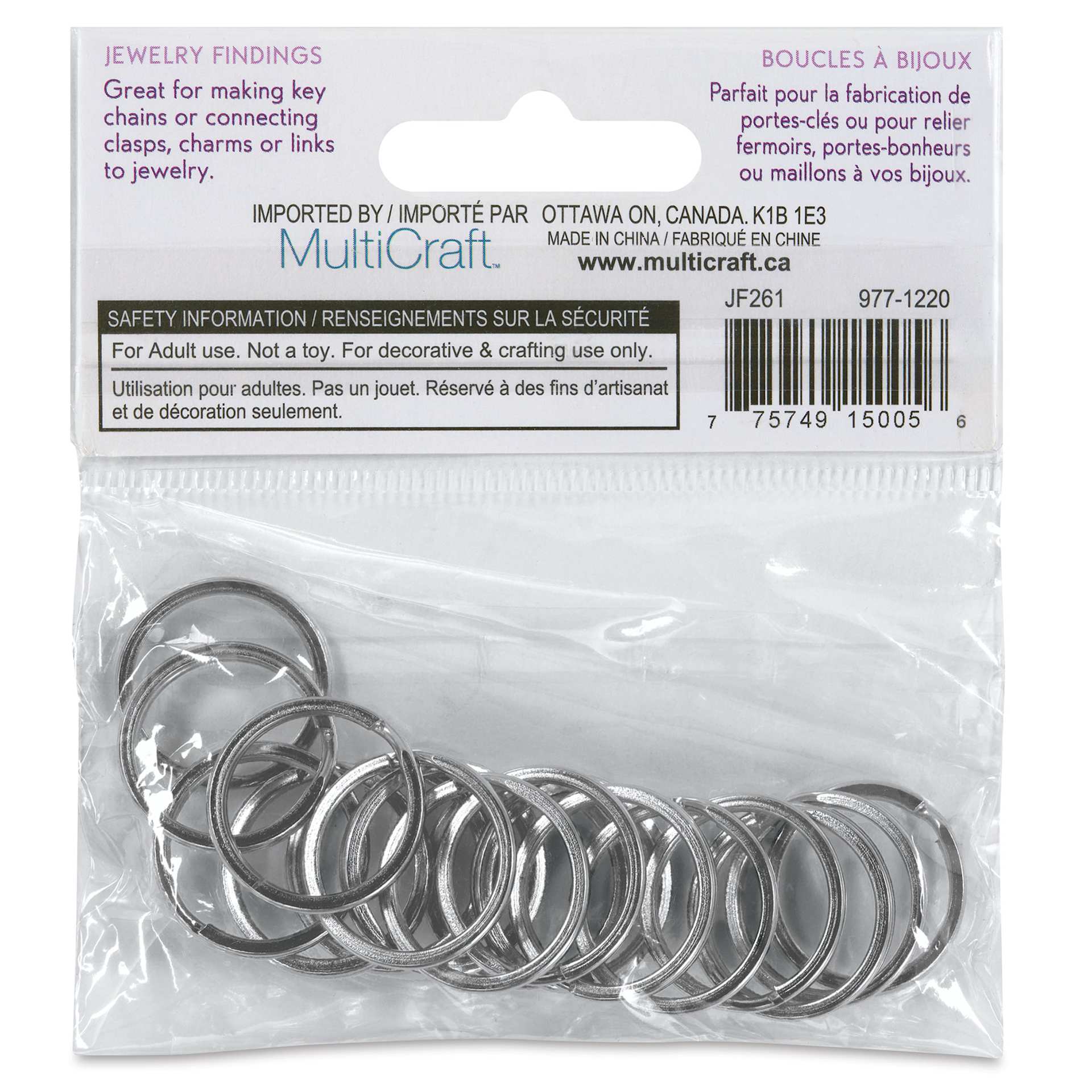Craft Medley Split Key Rings - Silver, 3/4", Pkg of 18 back of packaging
