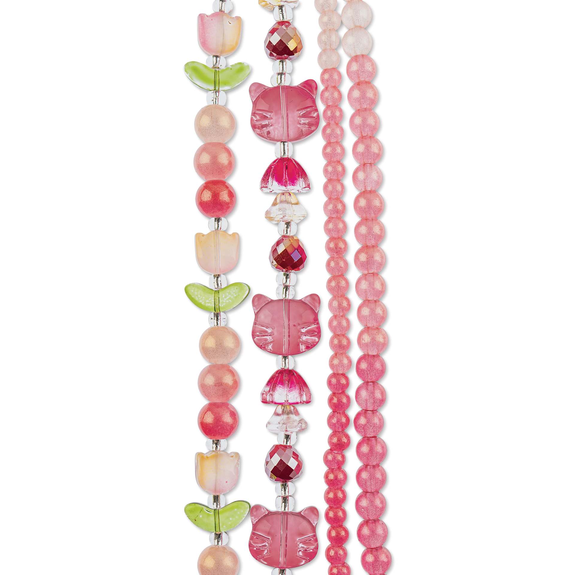John Bead Crystal Lane DIY Glass Garden Bead Quadruple Strand - Cat Faces, Tulips, and Round Beads, Pink Mix
