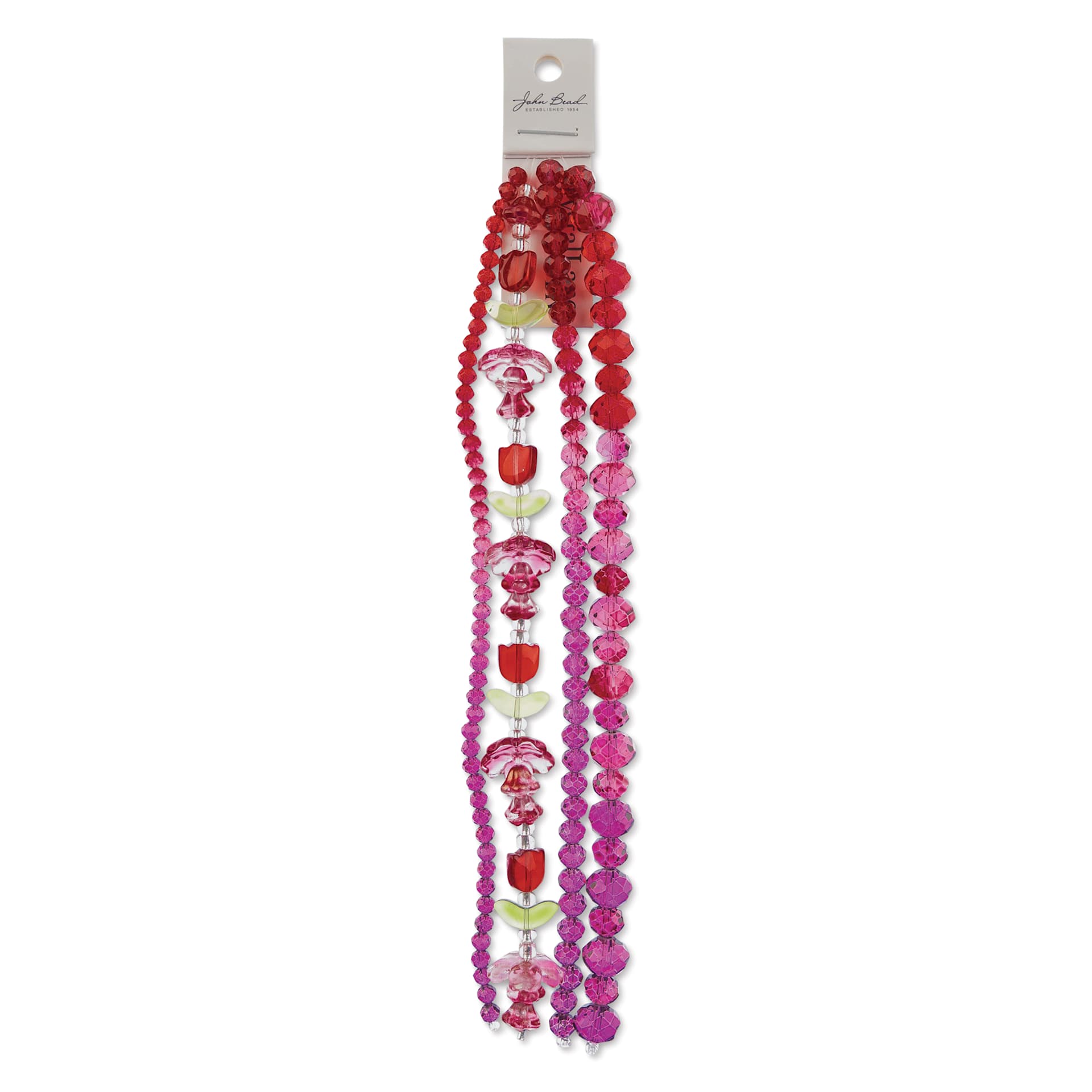 John Bead Crystal Lane DIY Glass Garden Bead Quadruple Strand - Tulips, Flowers, and Faceted Rondelles, Red front of packaging