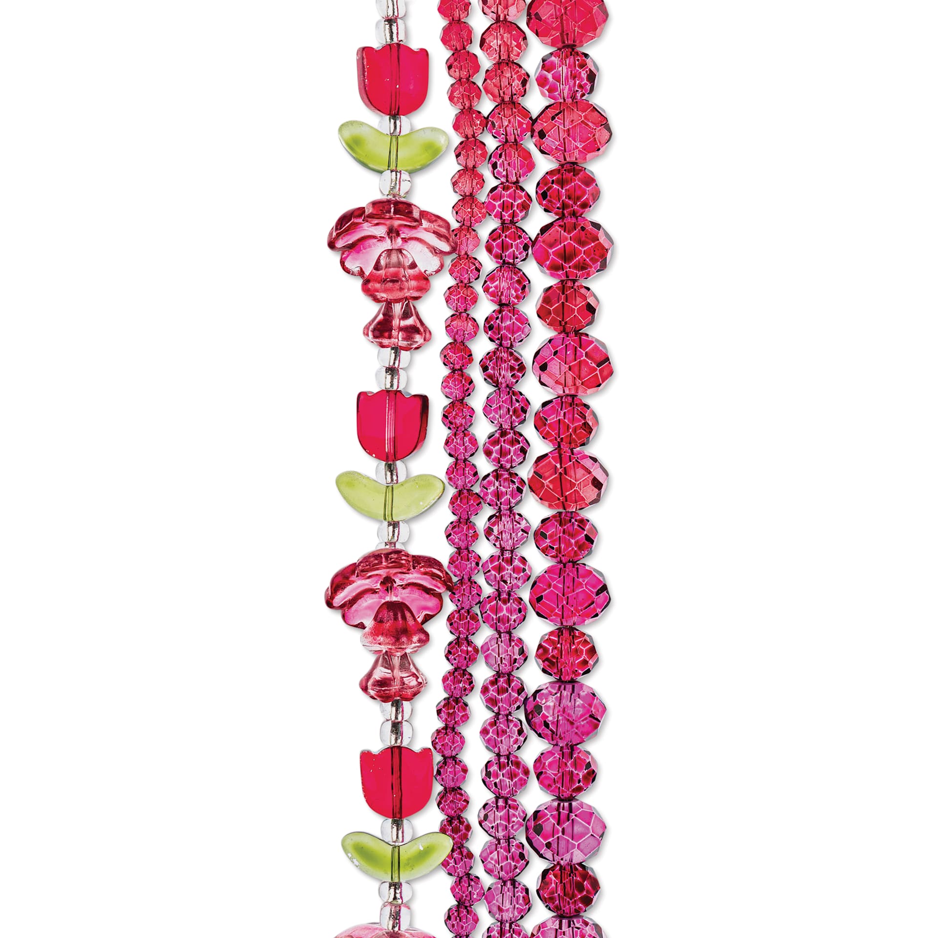 John Bead Crystal Lane DIY Glass Garden Bead Quadruple Strand - Tulips, Flowers, and Faceted Rondelles, Red