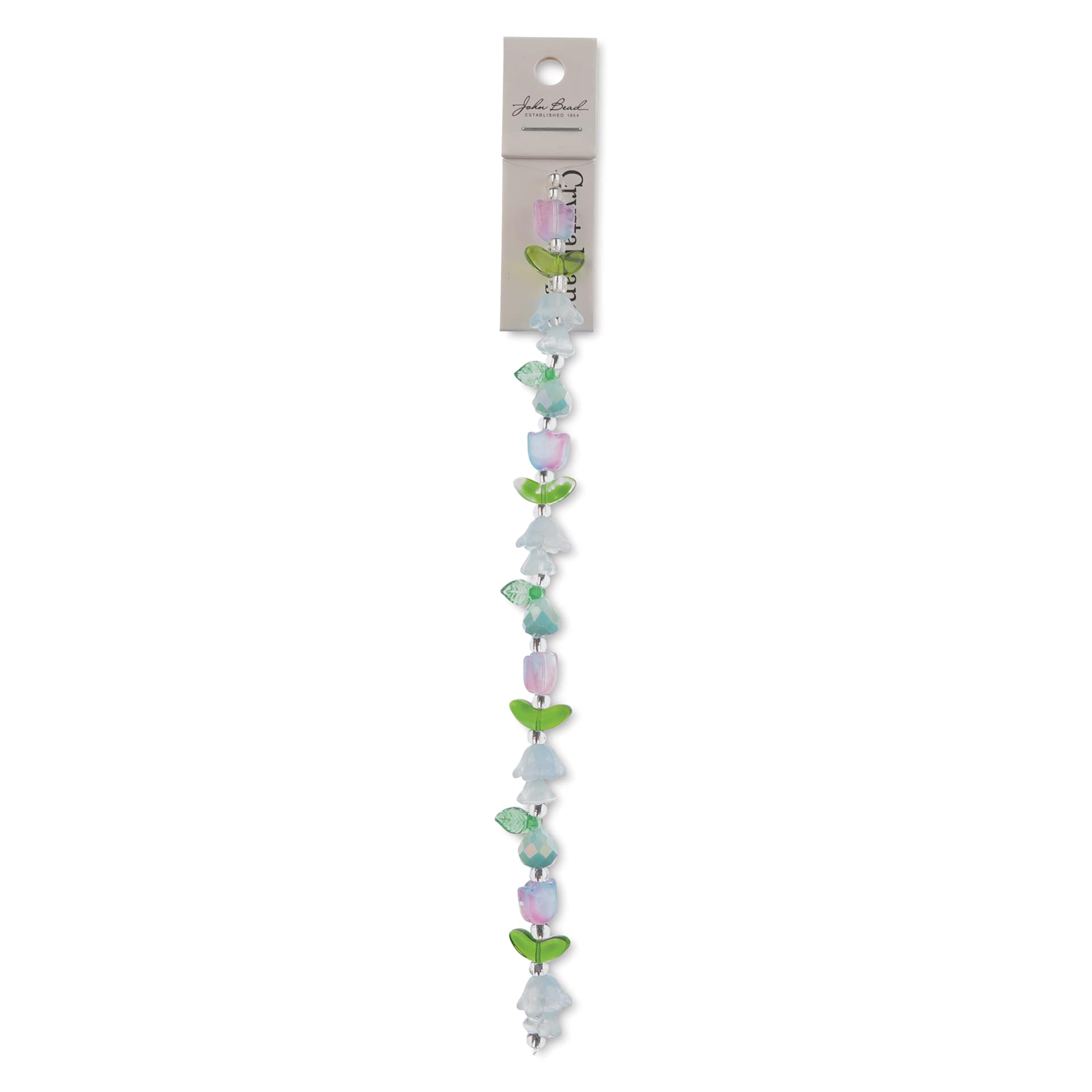 John Bead Crystal Lane DIY Glass Garden Bead Single Strand - Tulips, Leaves, and Pears, Assorted Colors front of packaging