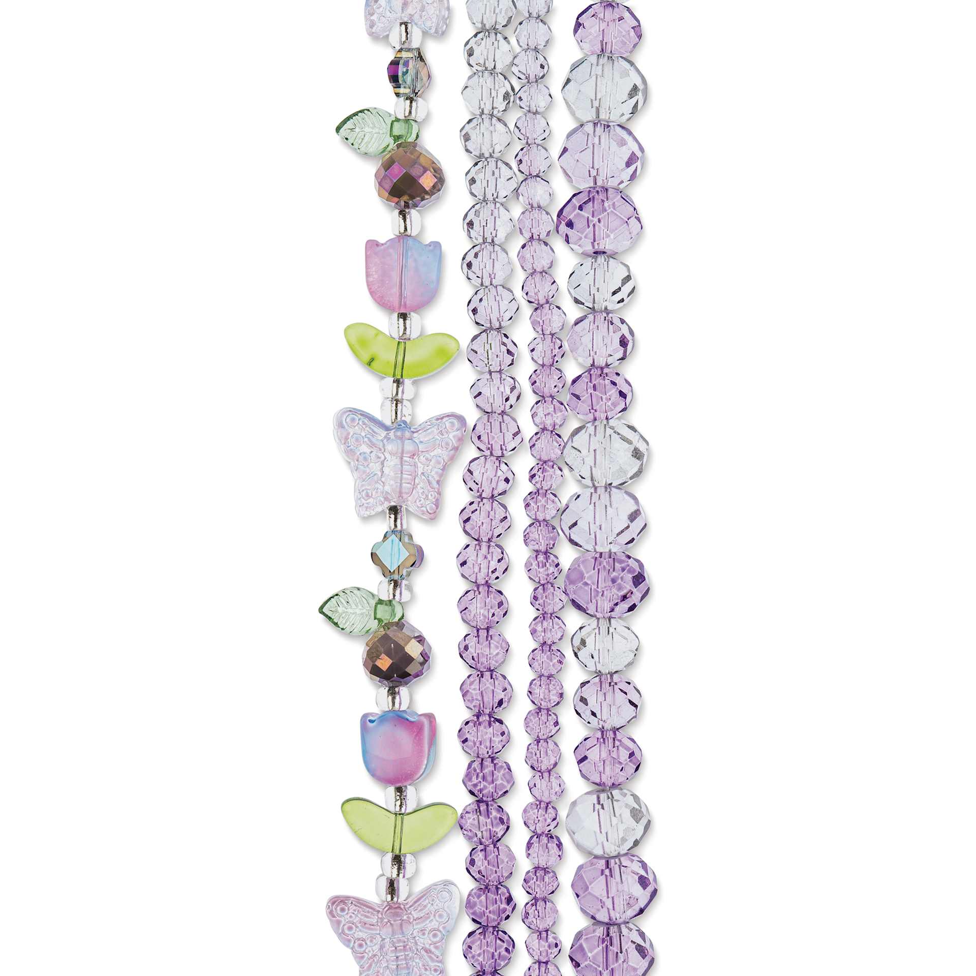 John Bead Crystal Lane DIY Glass Garden Bead Quadruple Strand - Butterflies, Flowers, and Faceted Rondelles, Smoky Purple