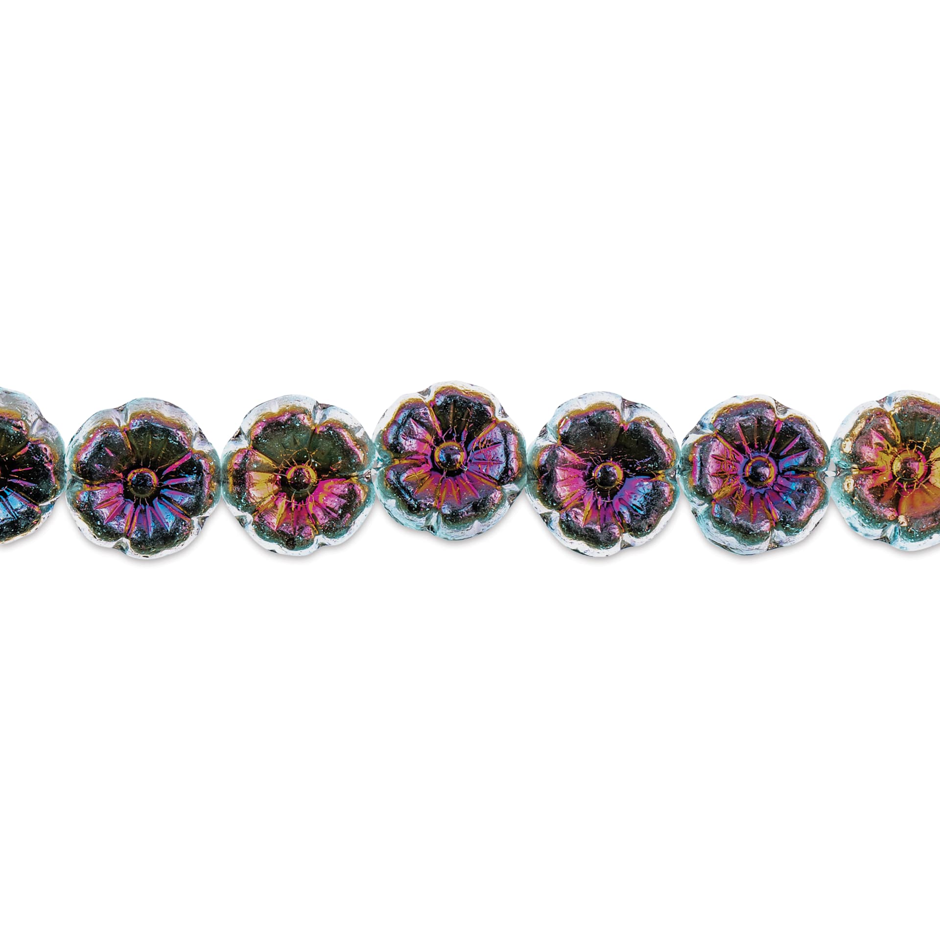 John Bead Czech Pressed Glass Flower Bead Strand - Sliperit on Aqua, 9 mm