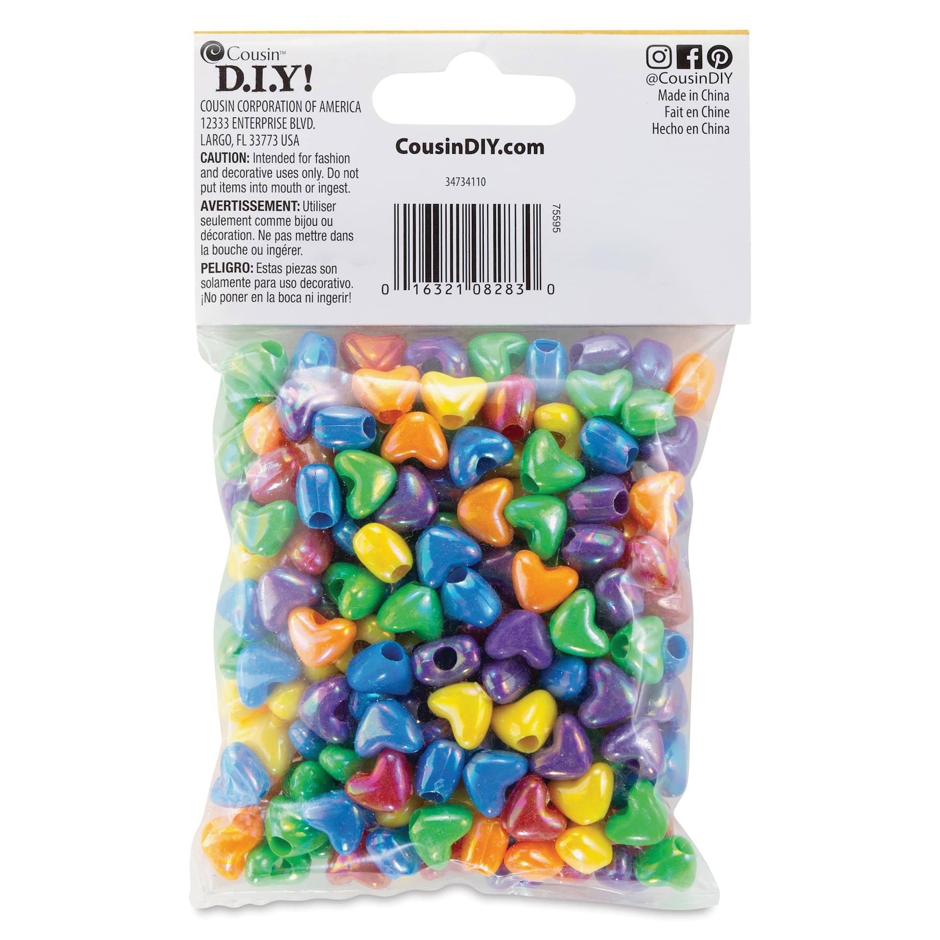 CousinDIY Fun Pack Acrylic Heart Beads - Pkg of 210, Assorted Colors back of packaging