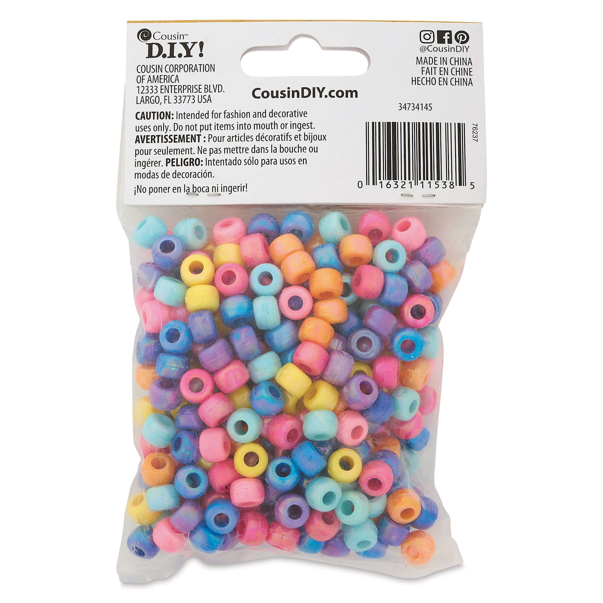 Cousin DIY Fun Pack Acrylic Large Hole Barrel Beads - Pkg of 280, Assorted Colors back of packaging