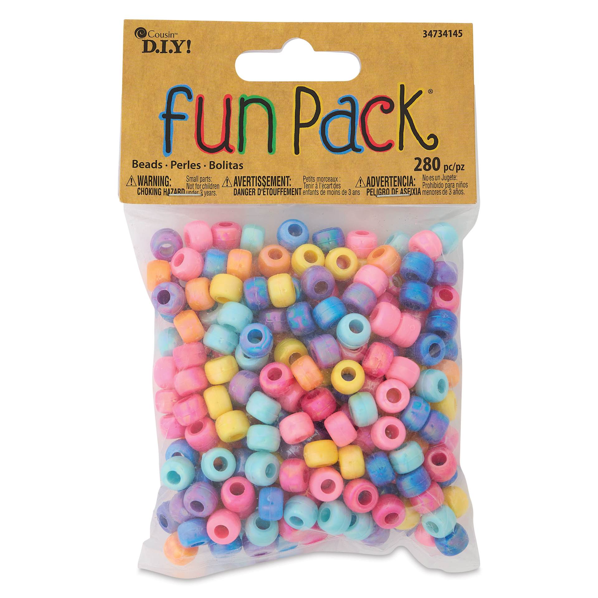 Cousin DIY Fun Pack Acrylic Large Hole Barrel Beads - Pkg of 280, Assorted Colors front of packaging