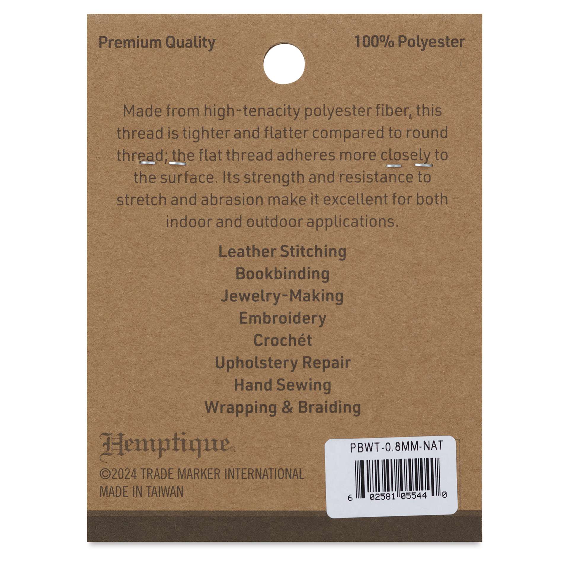 Hemptique Braided & Flat Waxed Thread - Natural, 0.8 mm, 50 yds - back of packaging