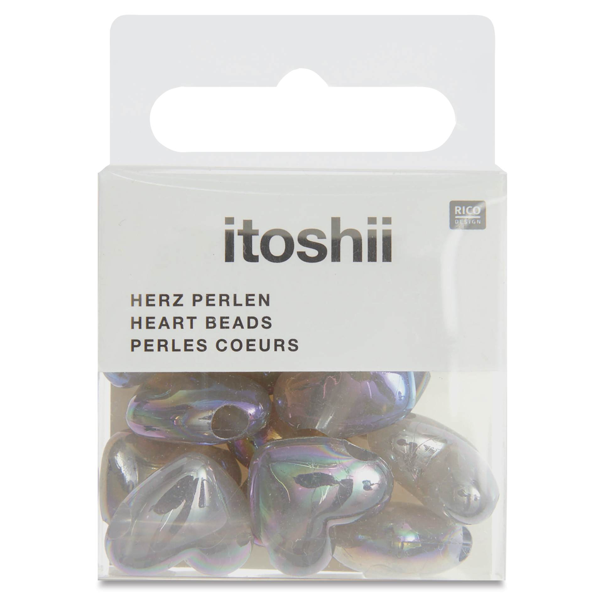 Rico Design Itoshii Plastic Heart Beads - Holographic Gray, Pkg of 12 - front of packaging