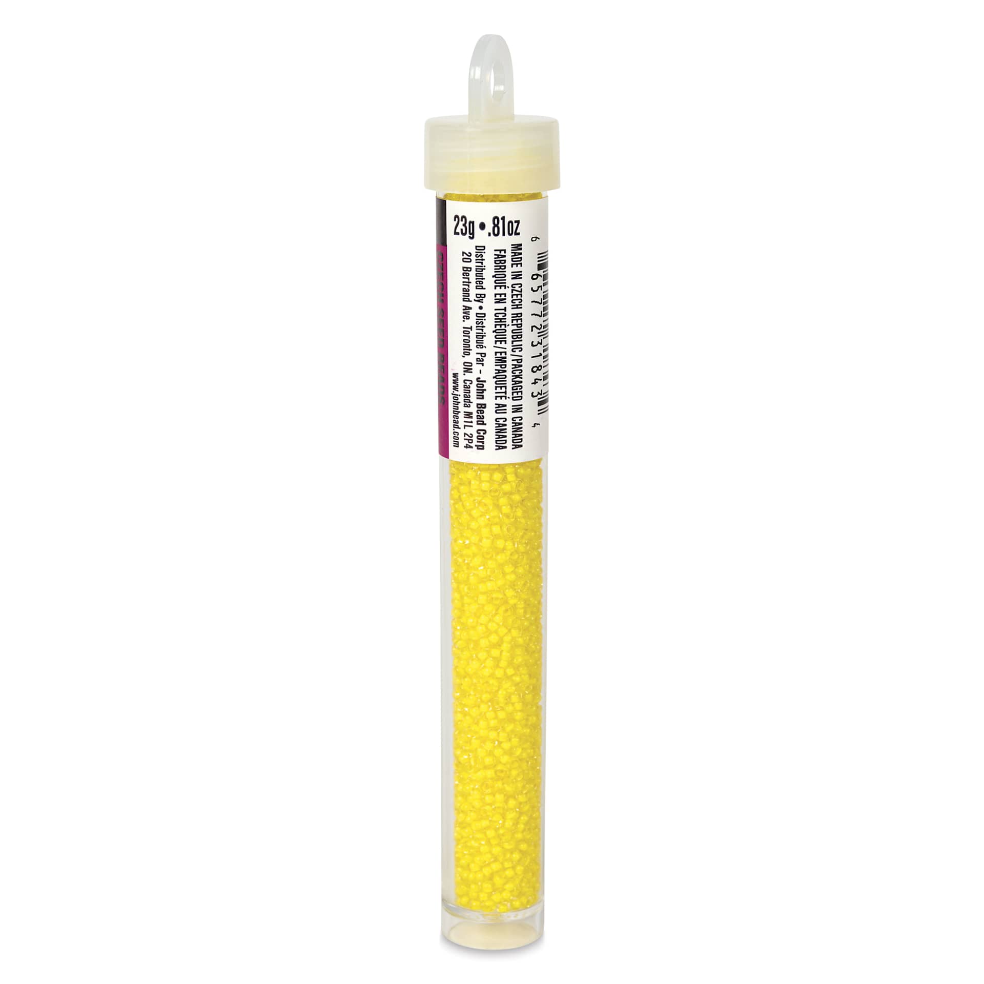 John Bead Terra Intensive Lining Czech Glass Seed Beads - 11/0, Yellow, 23 g - back of vial